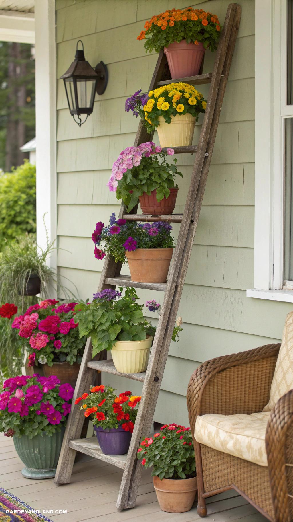 front porch planter ideas Rustic ladder display with colorful flower pots