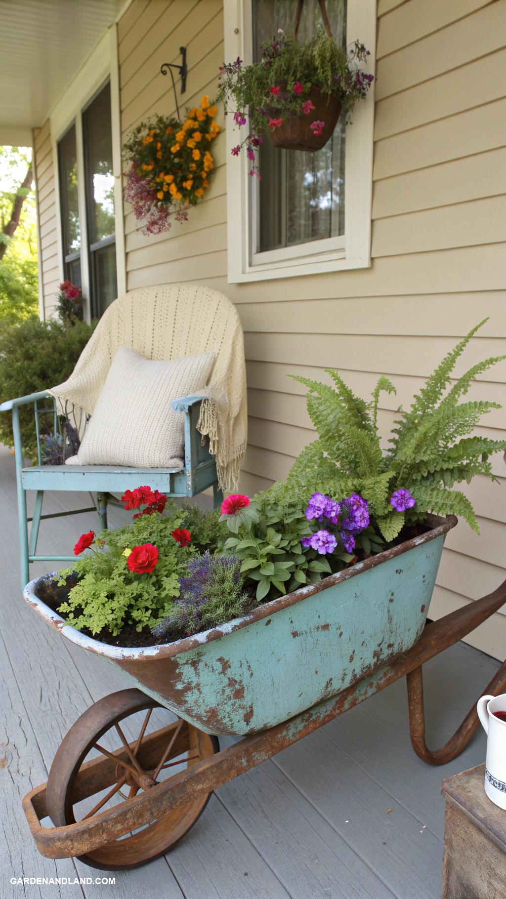 front porch planter ideas Upcycled wheelbarrow as a planter centerpiece