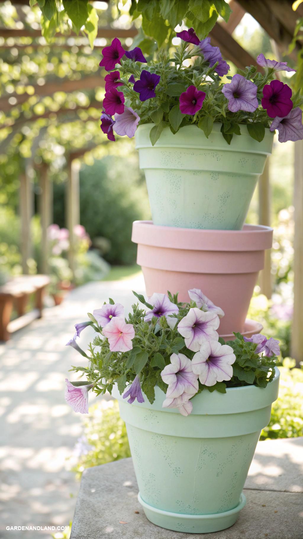 full sun container ideas Cascading petunias in stacked flower pots