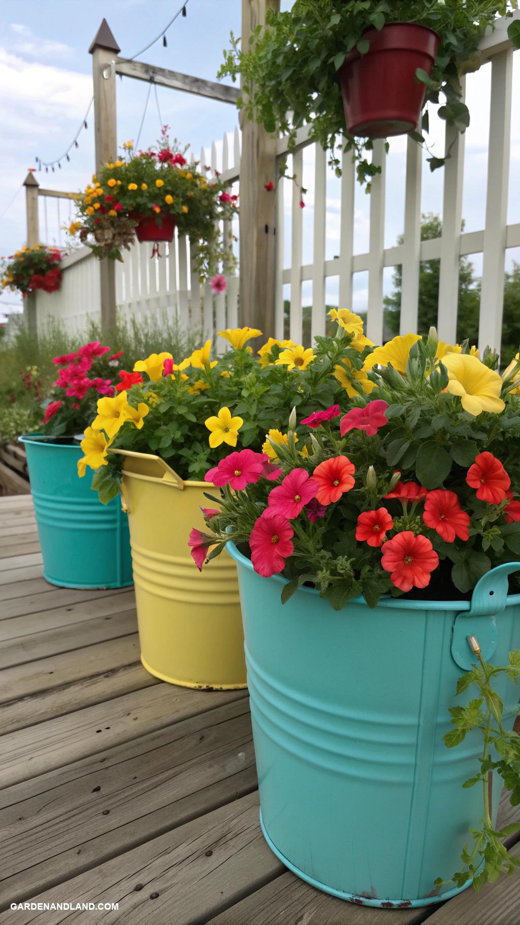 full sun container ideas Colorful annuals in painted metal buckets