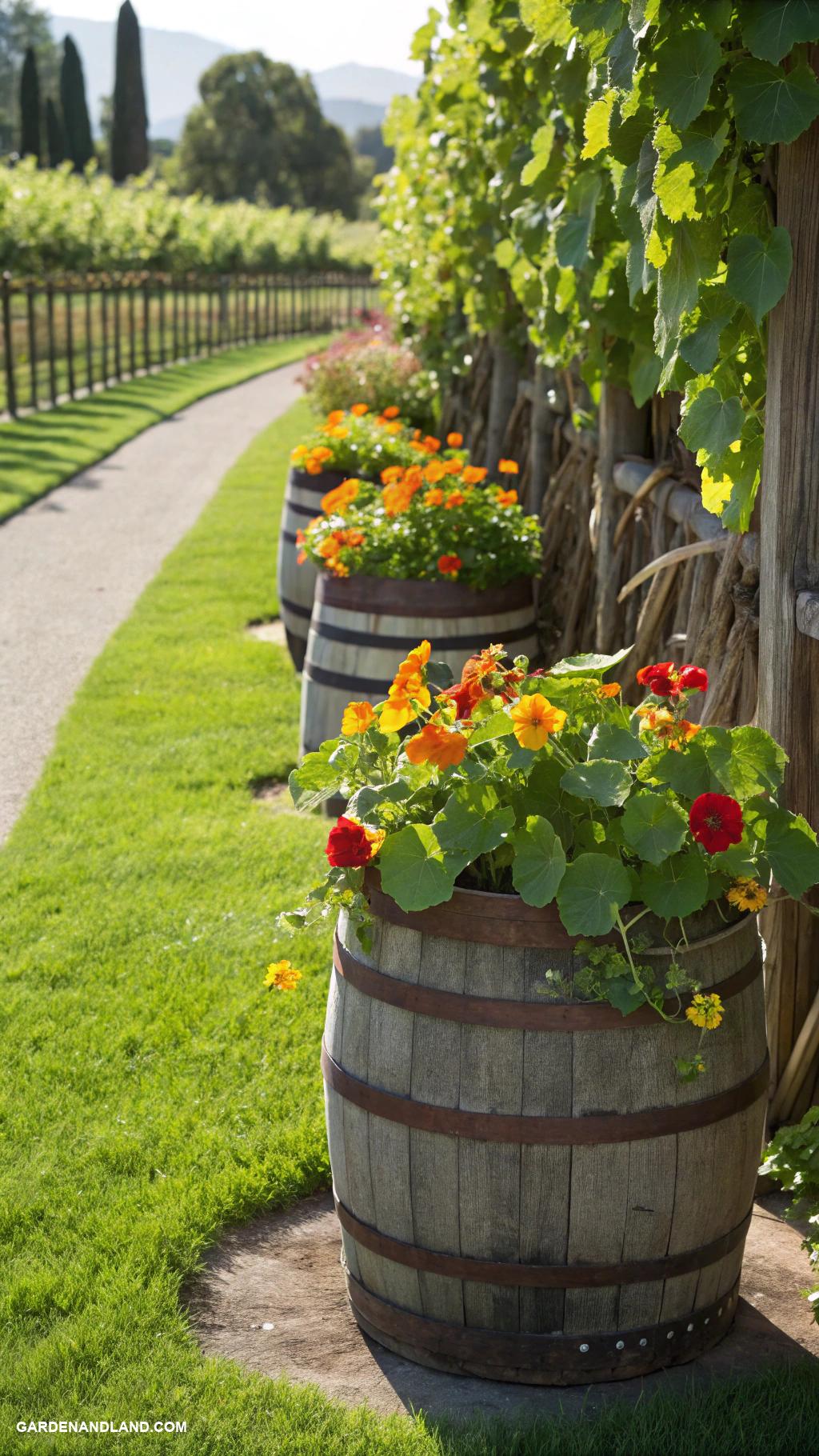 full sun container ideas Edible flowers in unique wine barrels