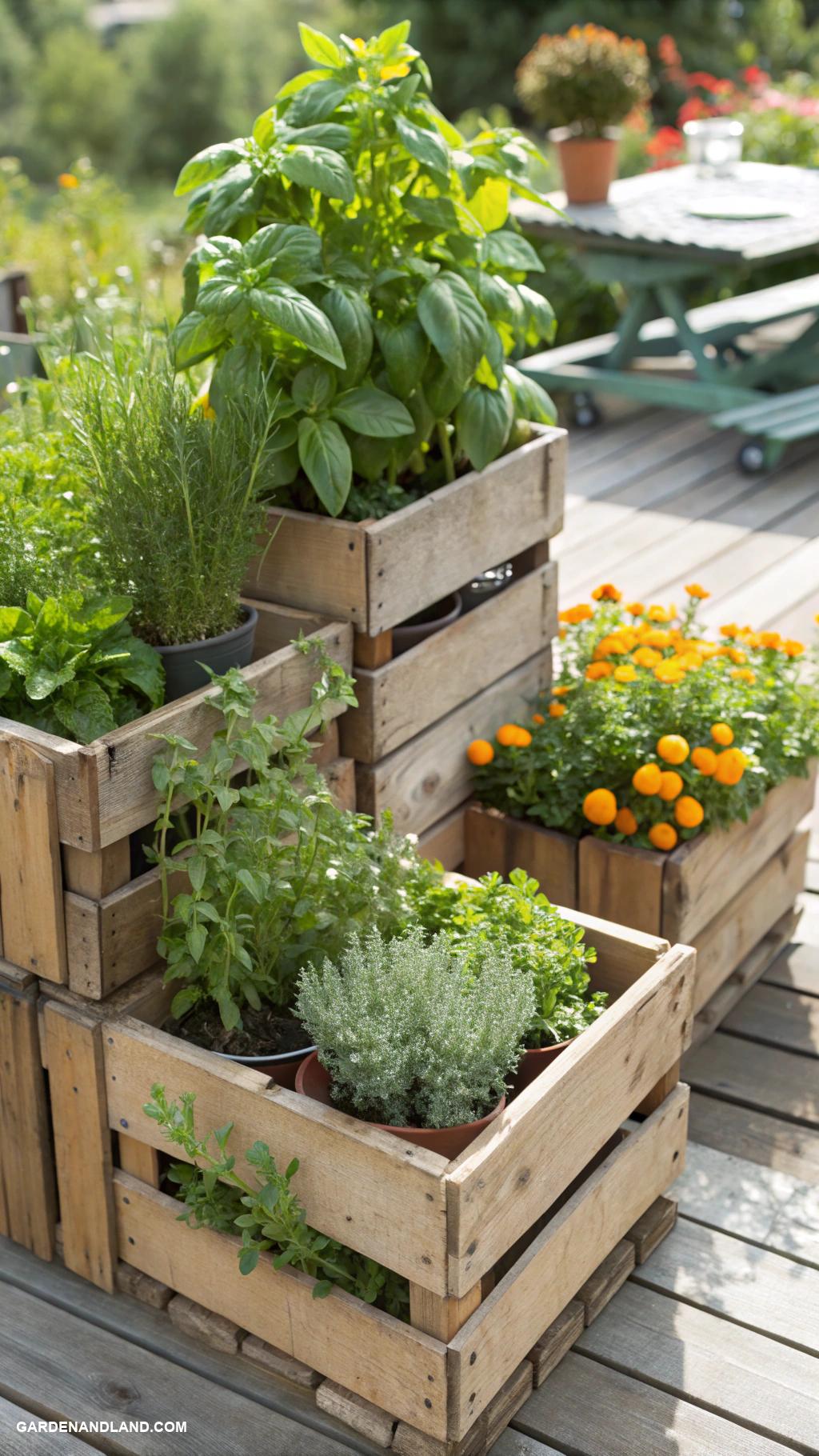 full sun container ideas Herb garden in repurposed wooden crates