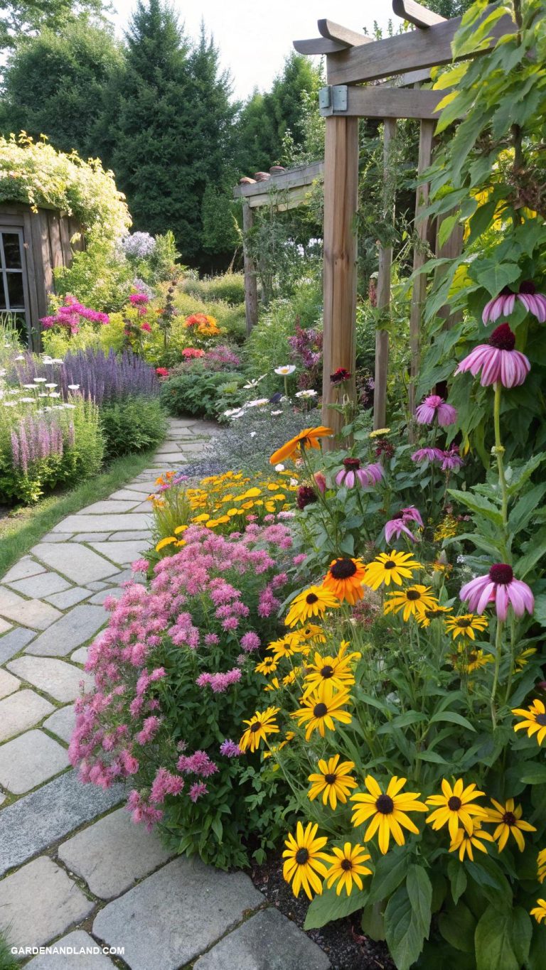 full sun garden ideas Cottage garden with mixed perennial blooms