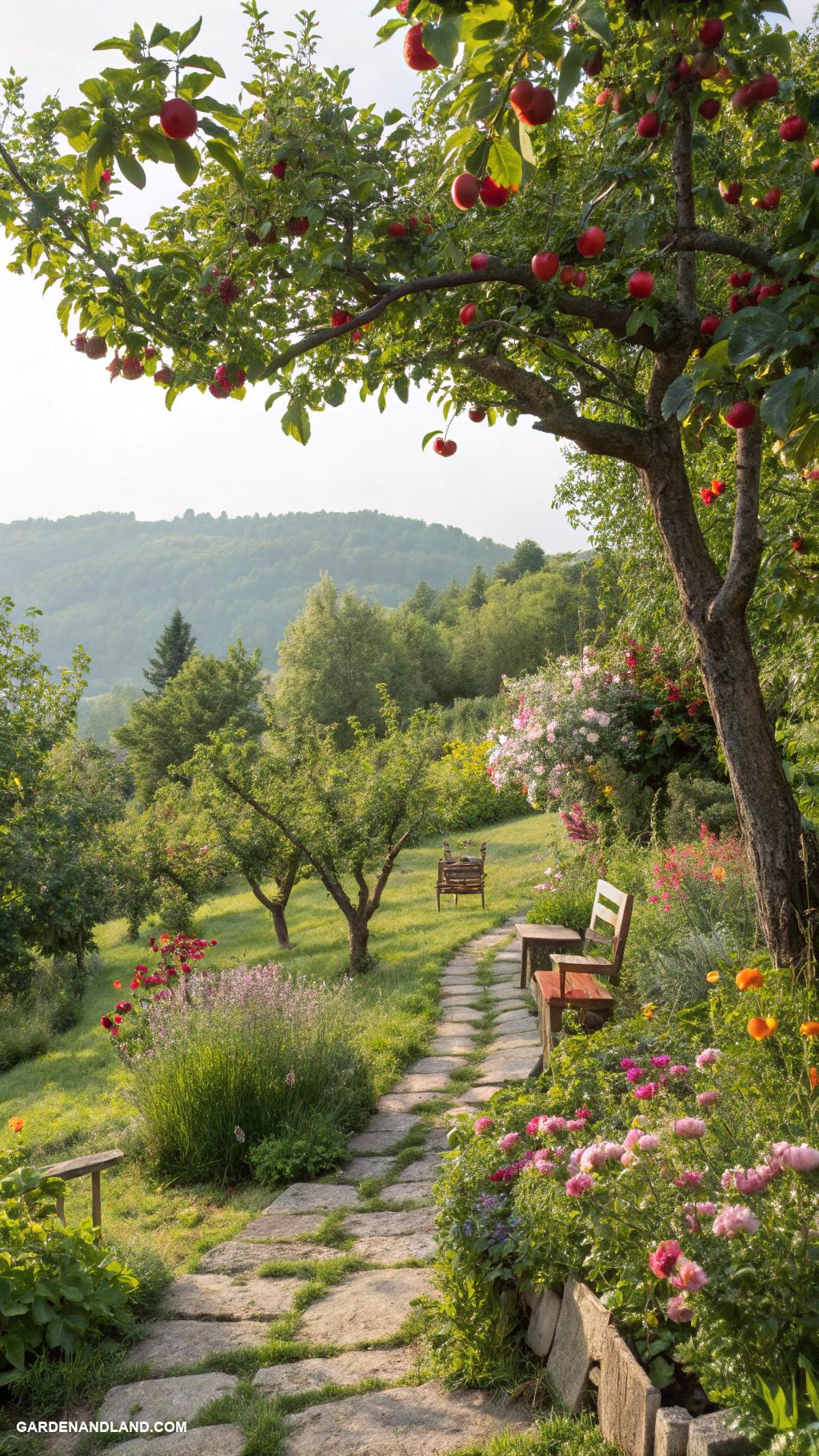 full sun garden ideas Edible landscape with fruit trees