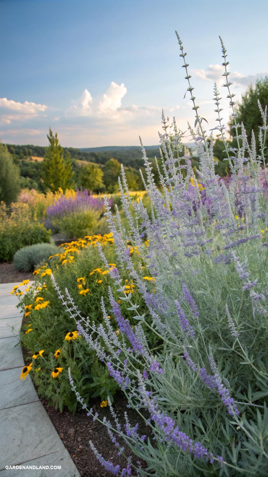 full sun perennials Russian Sage for silvery foliage and drought tolerance