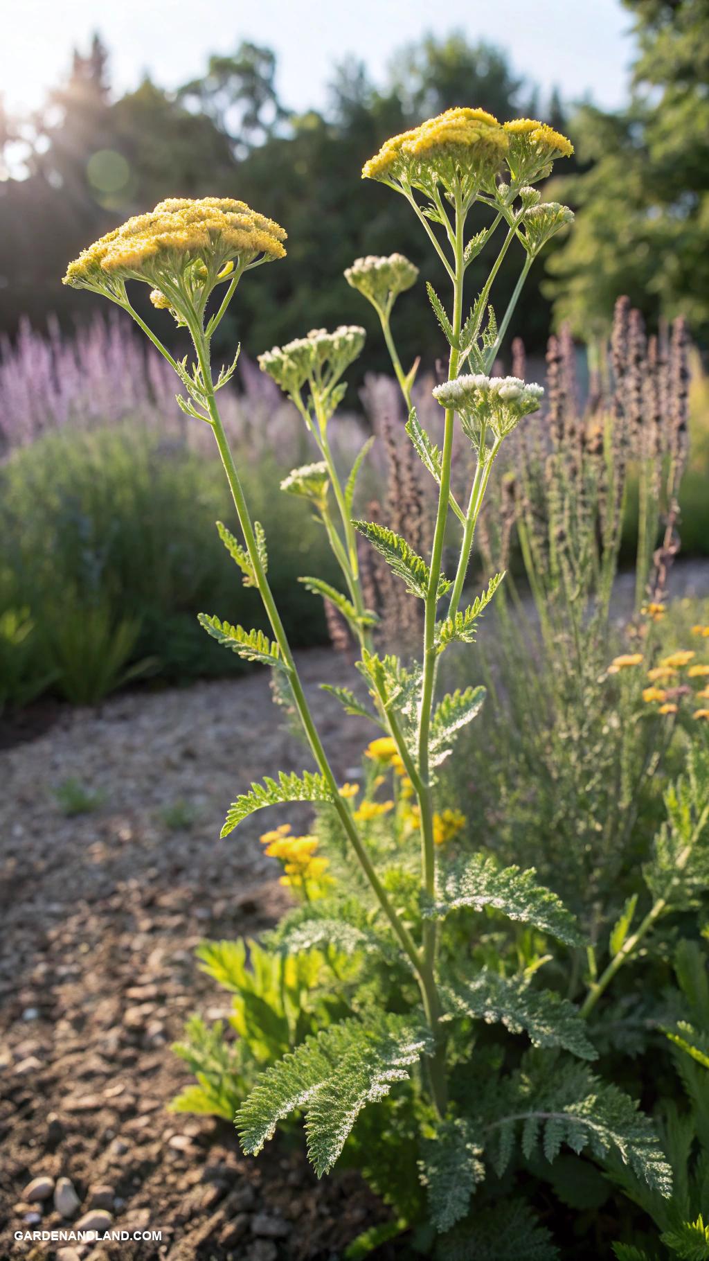 full sun perennials Yarrow for feathery foliage and low maintenance