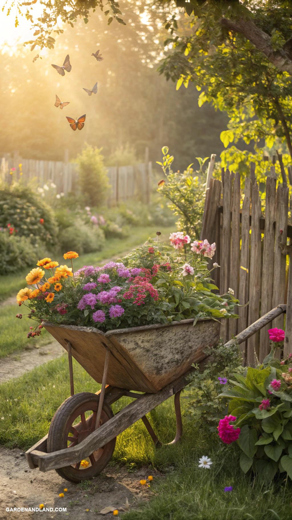 garden pottery sculpture Rustic wheelbarrow flower display