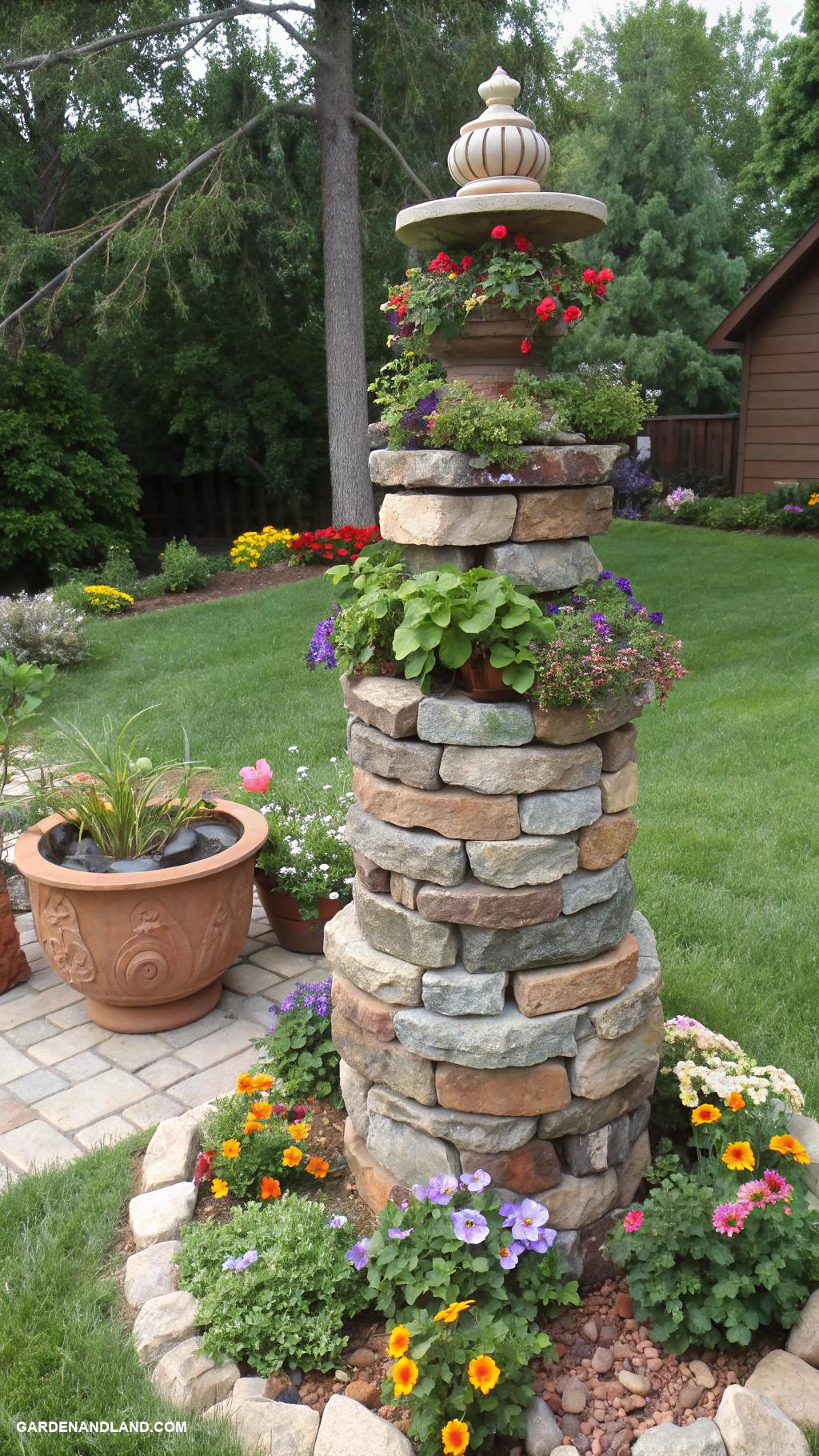 garden pottery sculpture Stacked stone tower planters