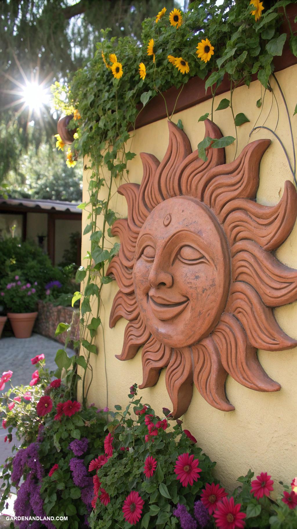 garden pottery sculpture Terracotta sun face wall art