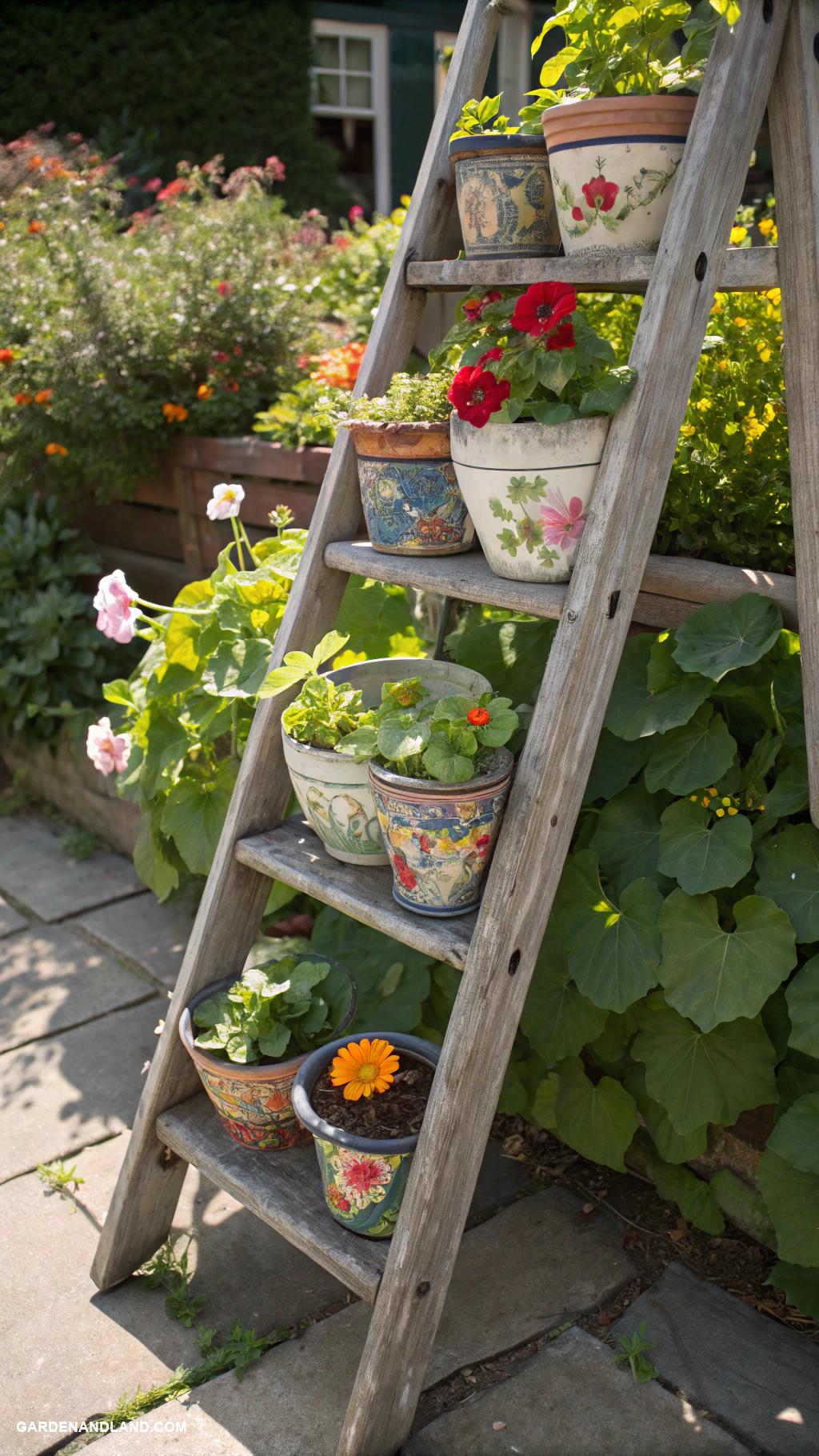 garden pottery sculpture Vintage ladder plant stand