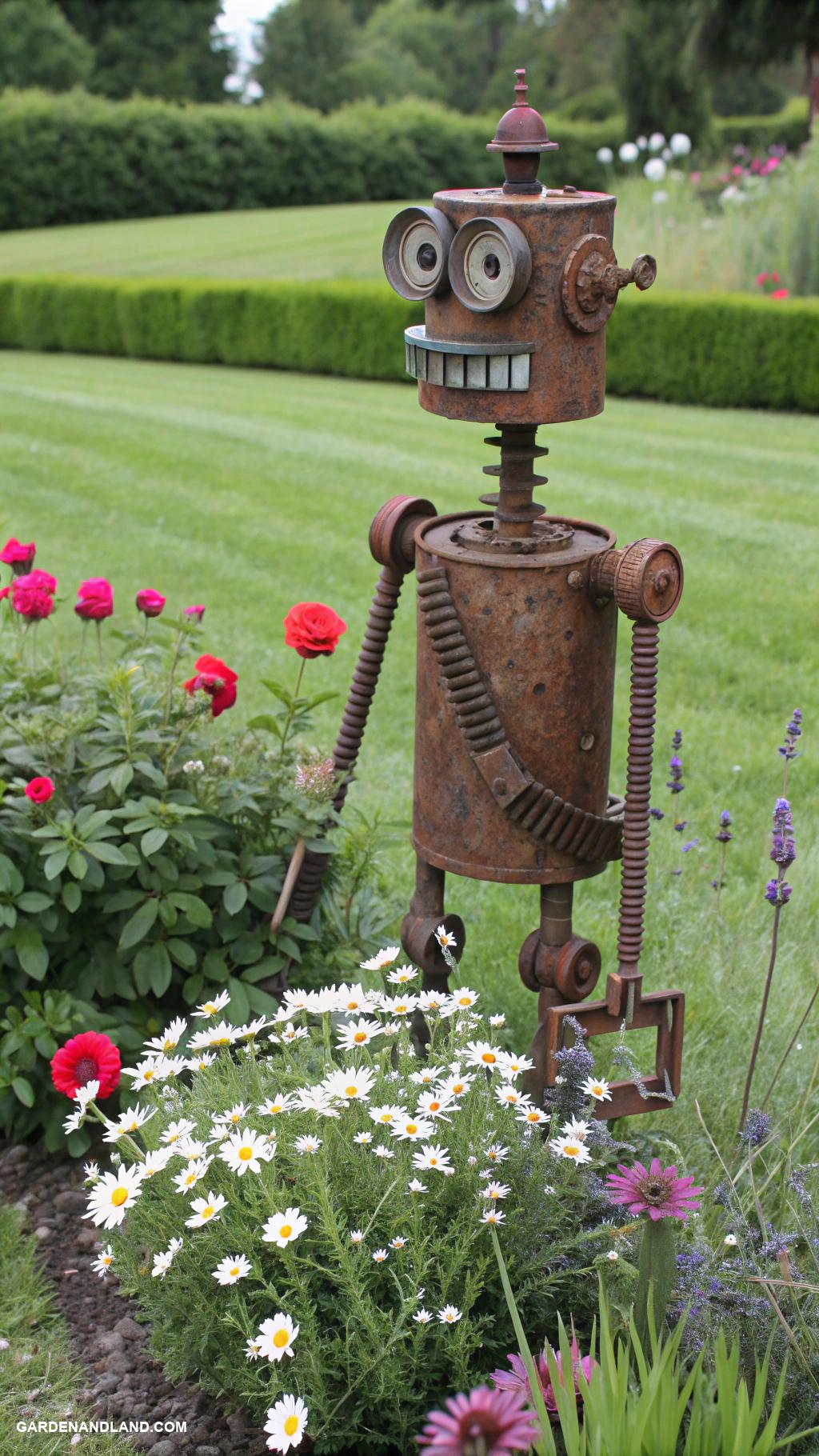 garden statues Rusty robot from scrap metal