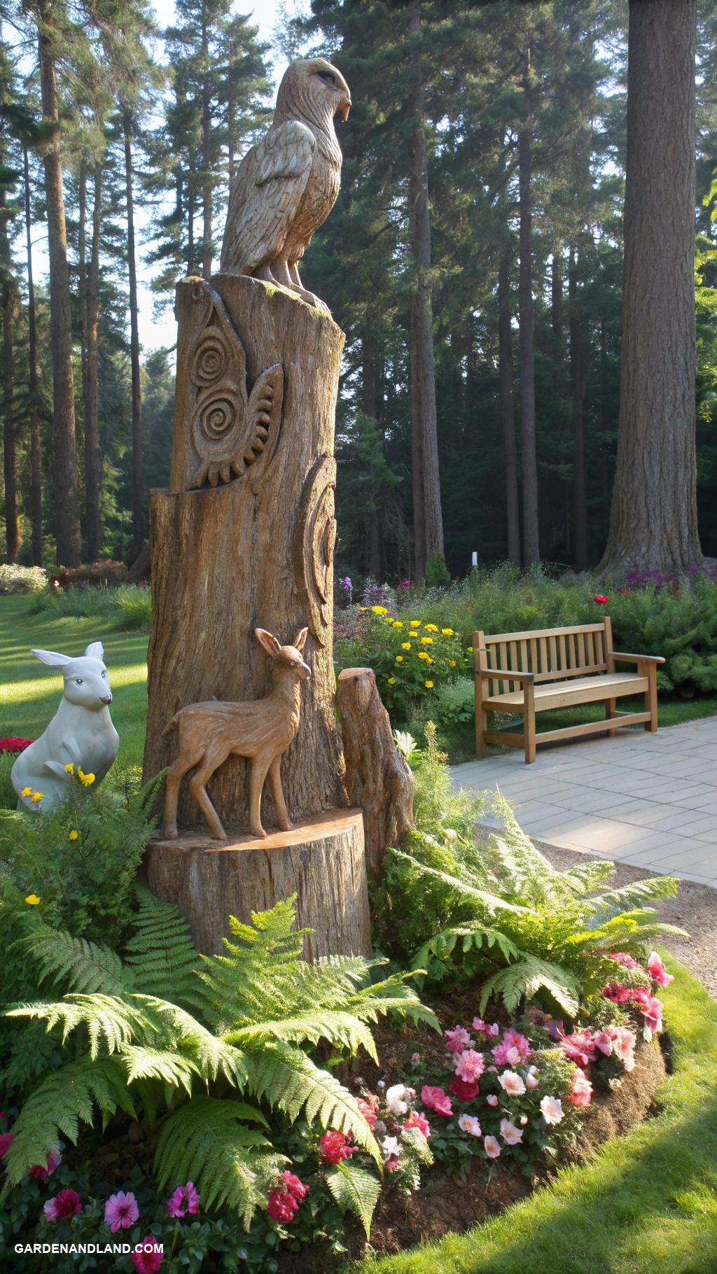 garden statues Sculpted tree stump with animal carvings