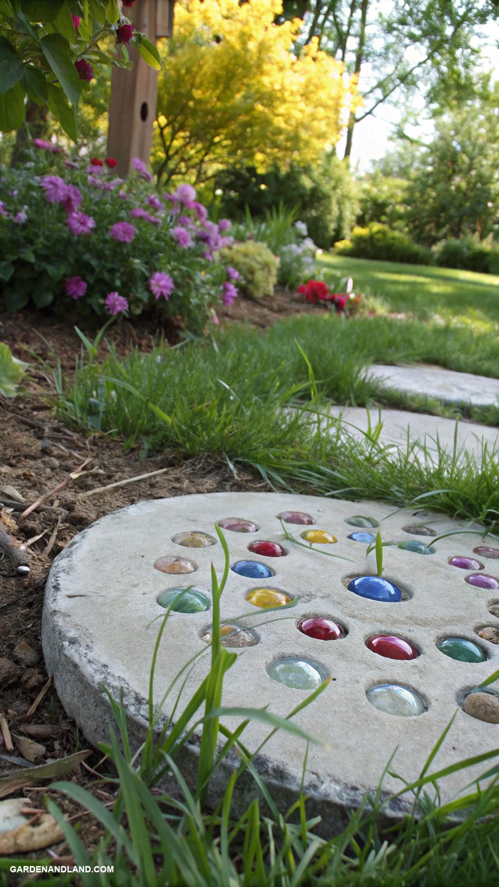 homemade stepping stones Colorful marbles embedded in concrete