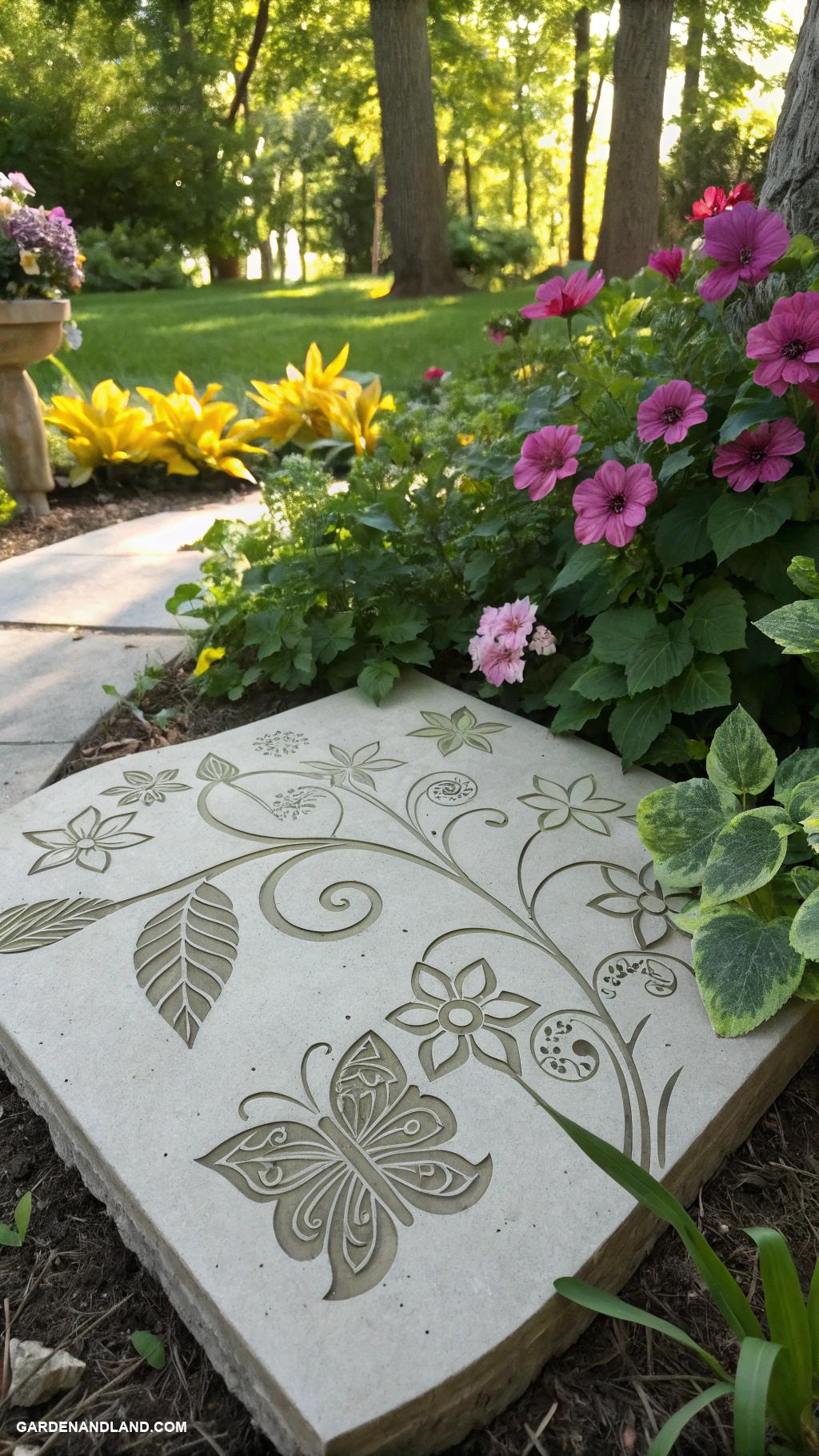 homemade stepping stones Concrete with floral or leaf stencils