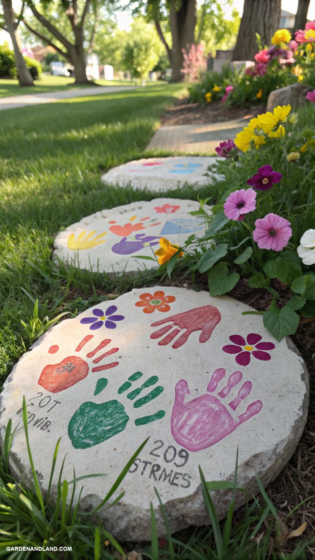 homemade stepping stones Handprints of family members for personalization
