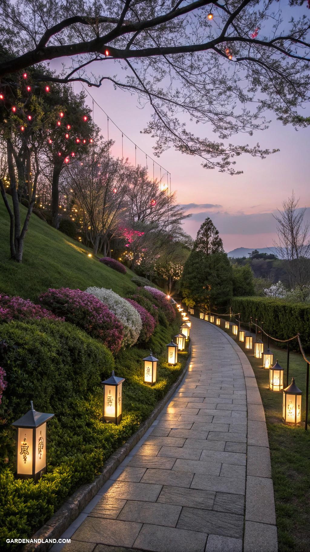 low light garden ideas Pathway lined with solar lanterns