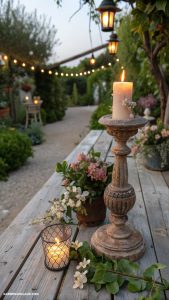 low light garden ideas Rustic candlesticks on garden tables