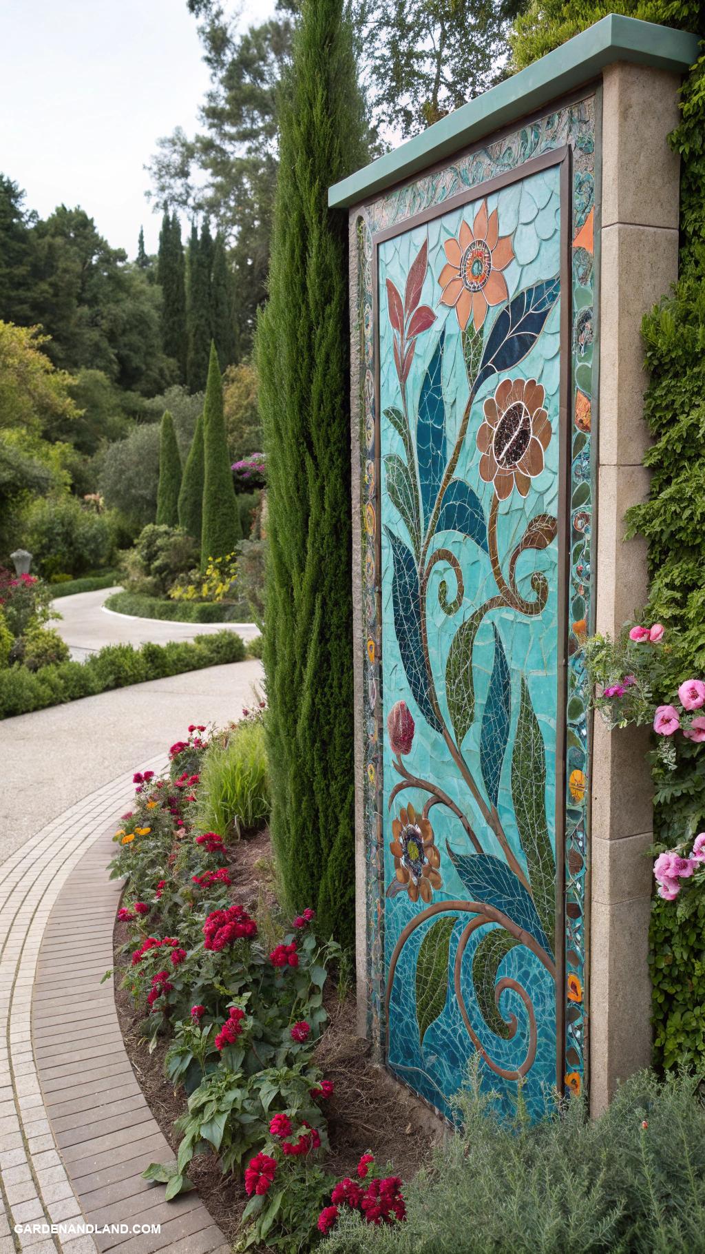 mixed privacy hedge Artful mosaic panels integrated with greenery