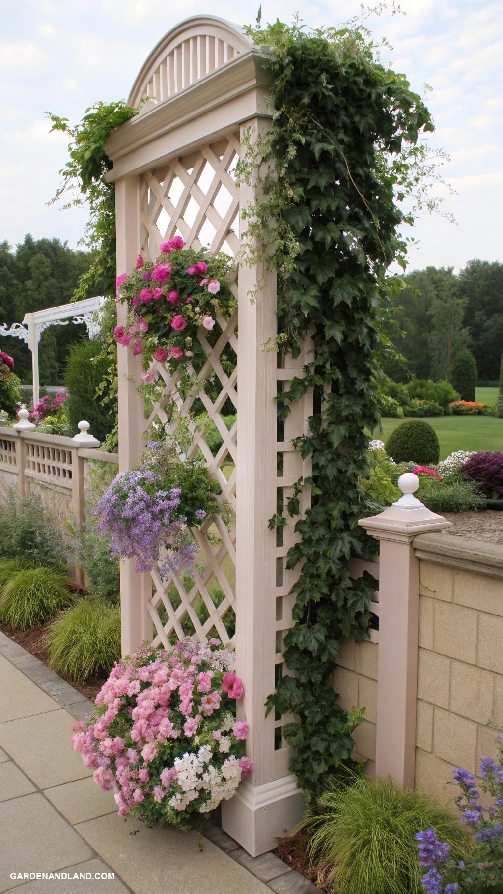 mixed privacy hedge Decorative lattice with draping ivy and blooms