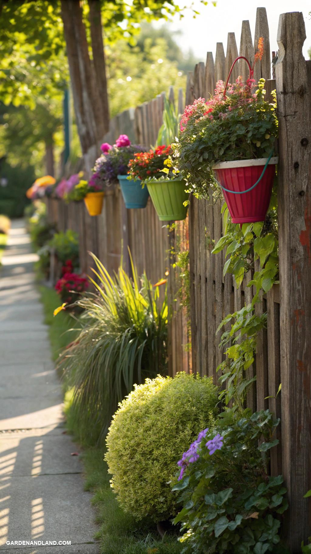 mixed privacy hedge Rustic wooden fence adorned with hanging pots