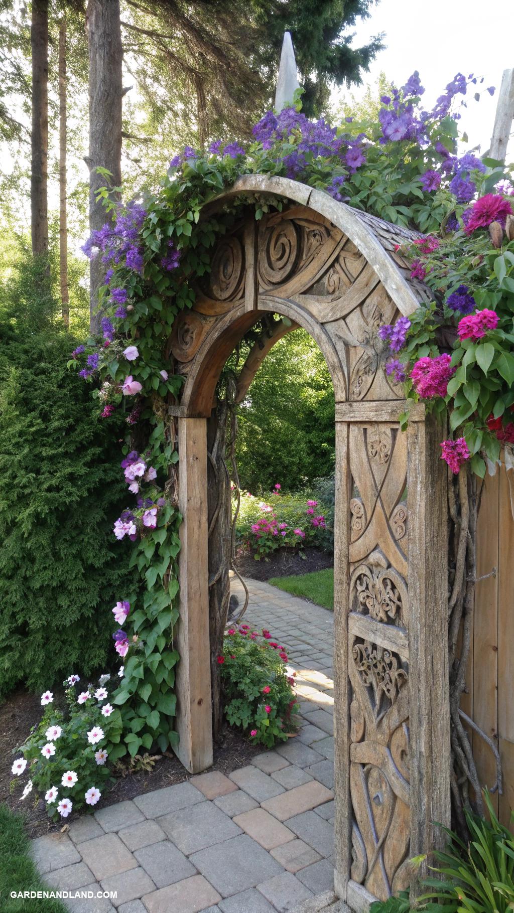 mixed privacy hedge Whimsical garden archway covered in flowering vines