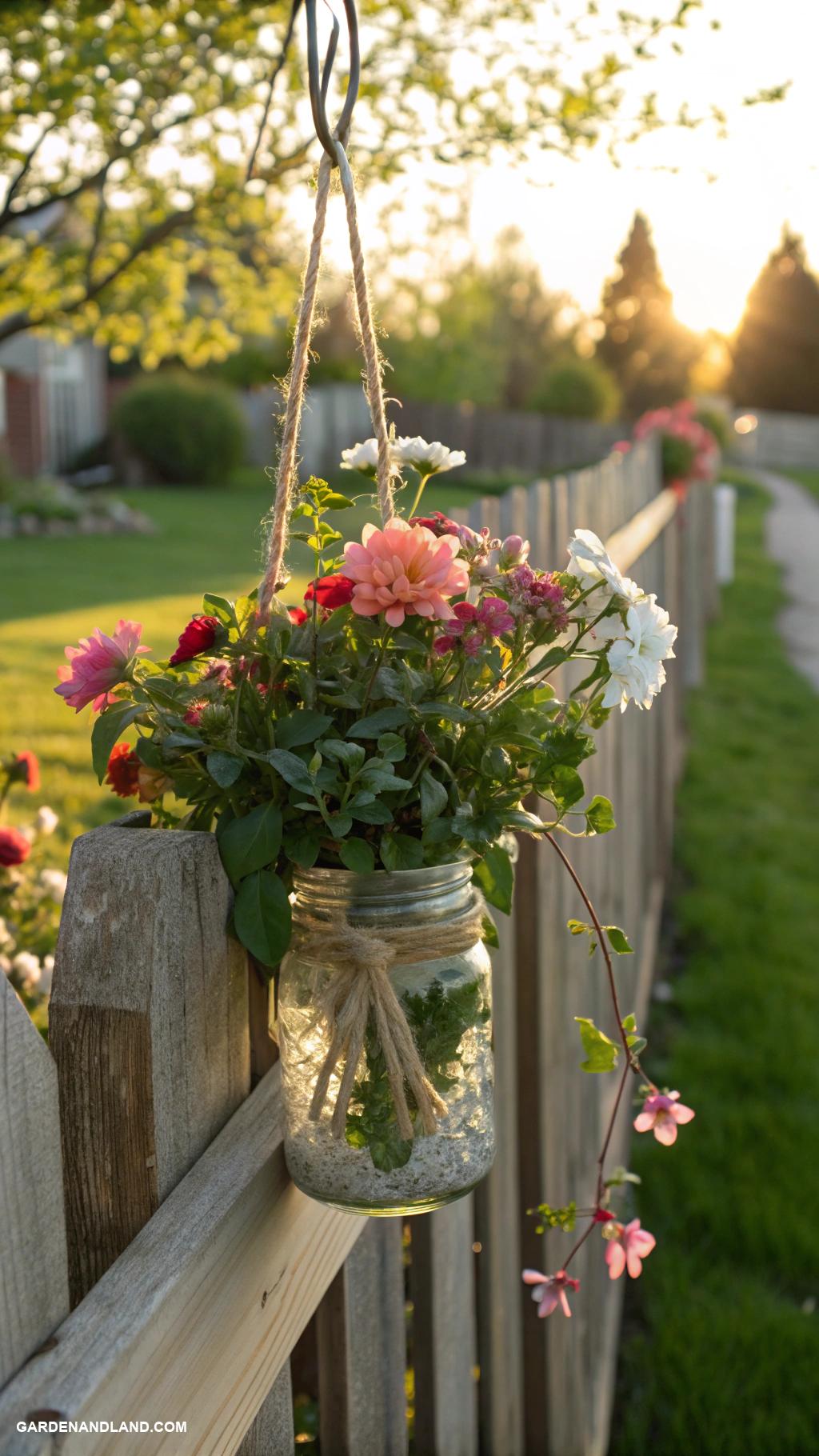 outdoor planters Mason jars hanging on a wooden fence