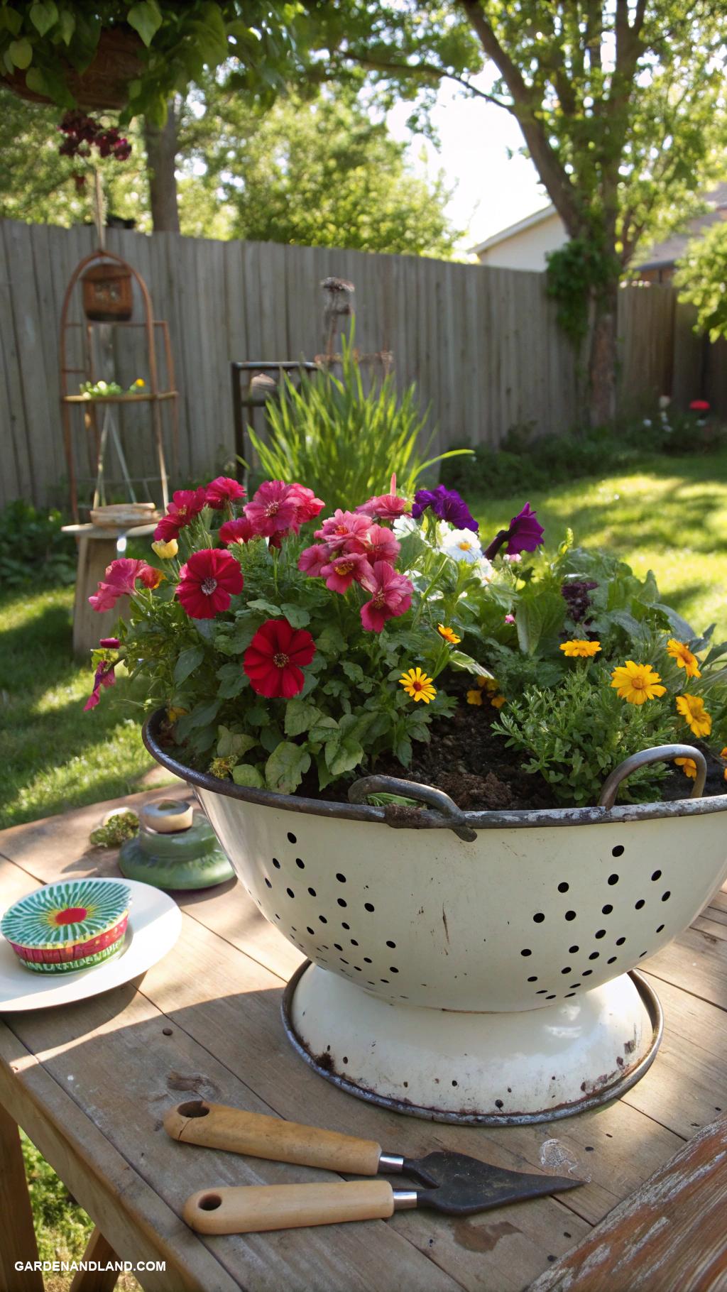 outdoor planters Old kitchen colanders for drainage and style