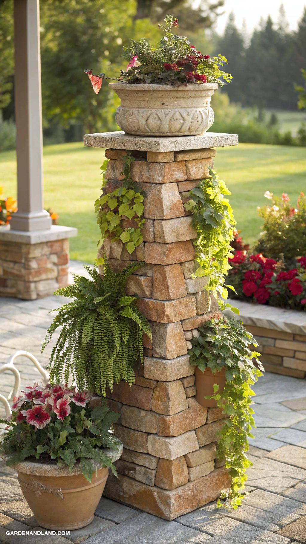 outdoor planters Stacked stone towers for cascading plants