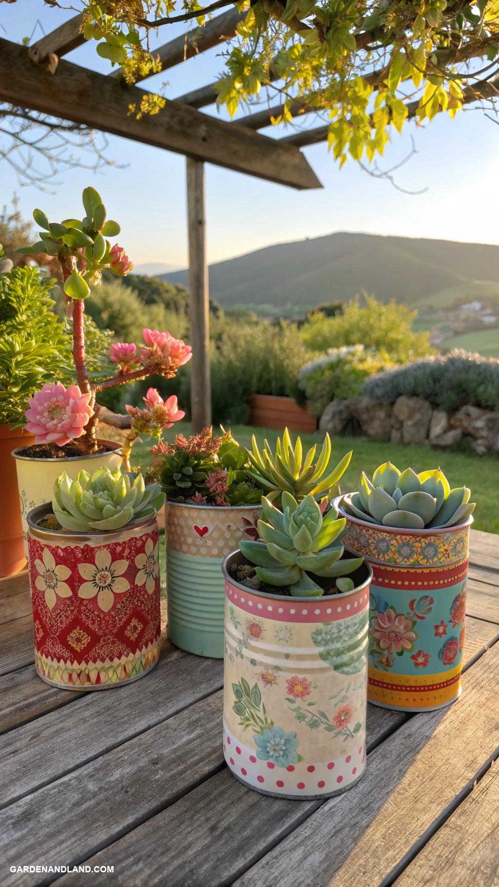 outdoor planters Succulent gardens in repurposed tin cans