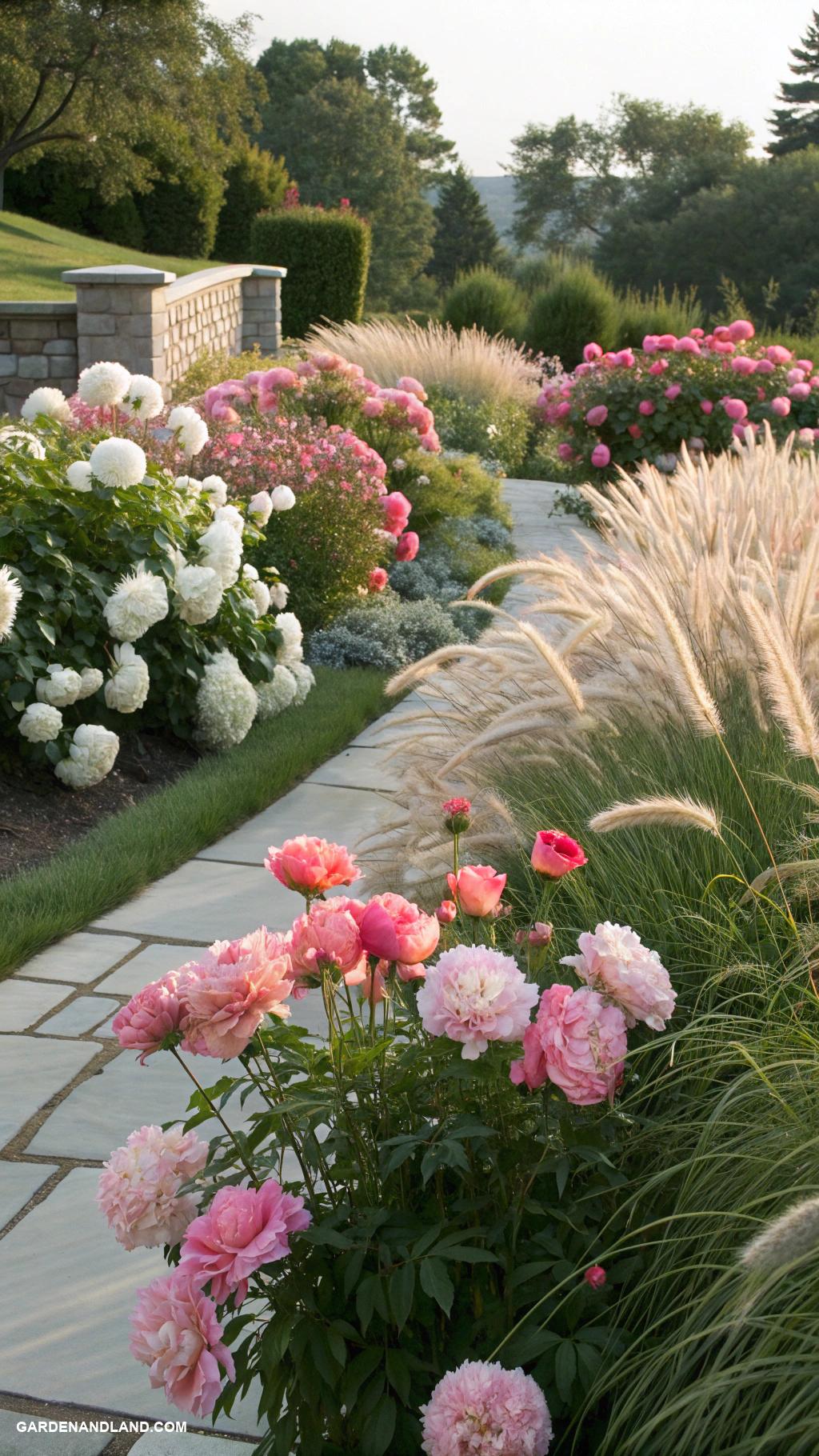 peonies landscaping ideas Combine peonies with ornamental grasses for texture