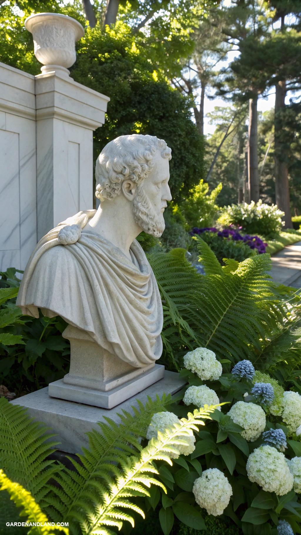 roman sculptures for garden Classic busts of philosophers among plants