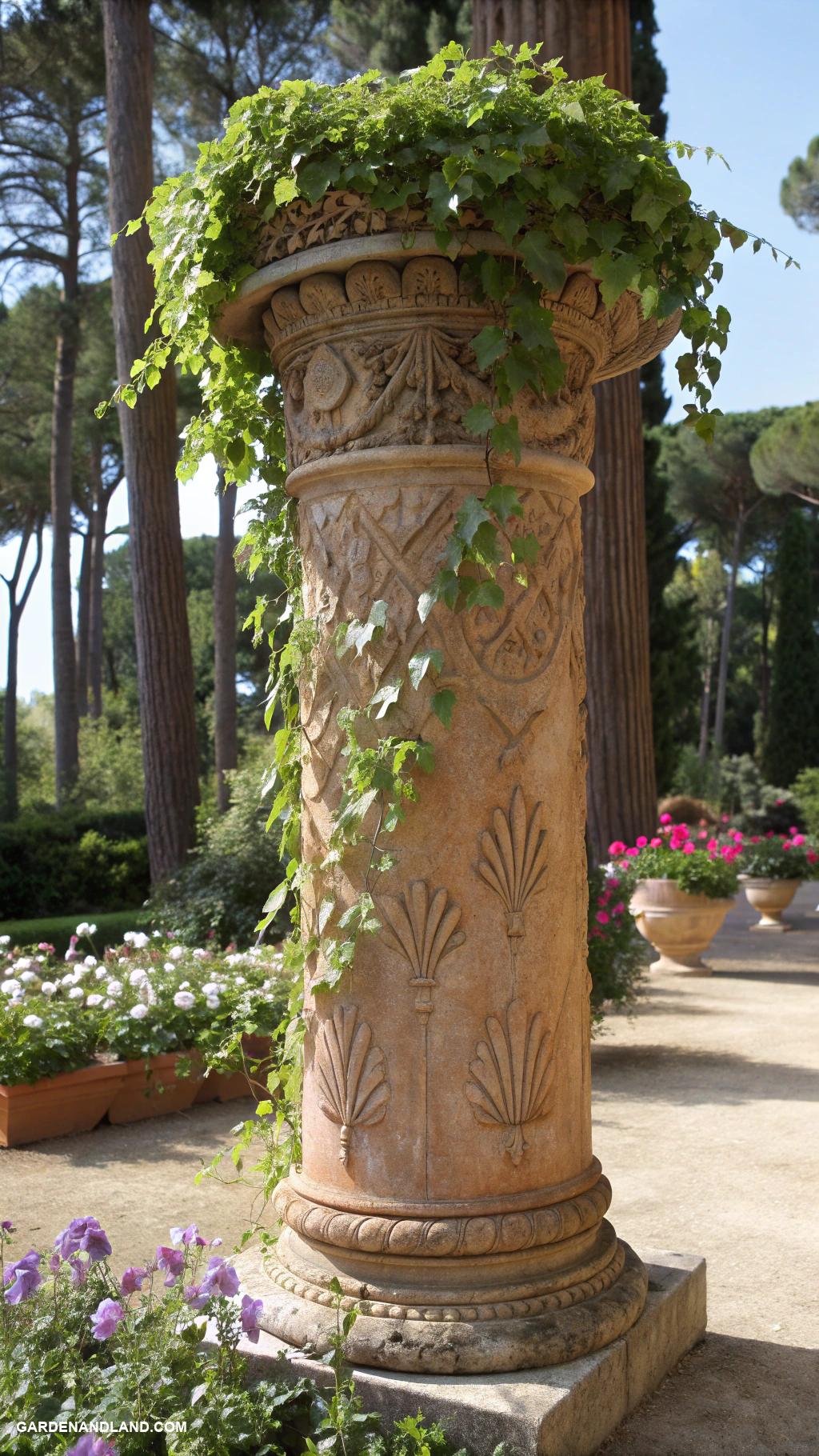 roman sculptures for garden Elegant column planters with trailing vines