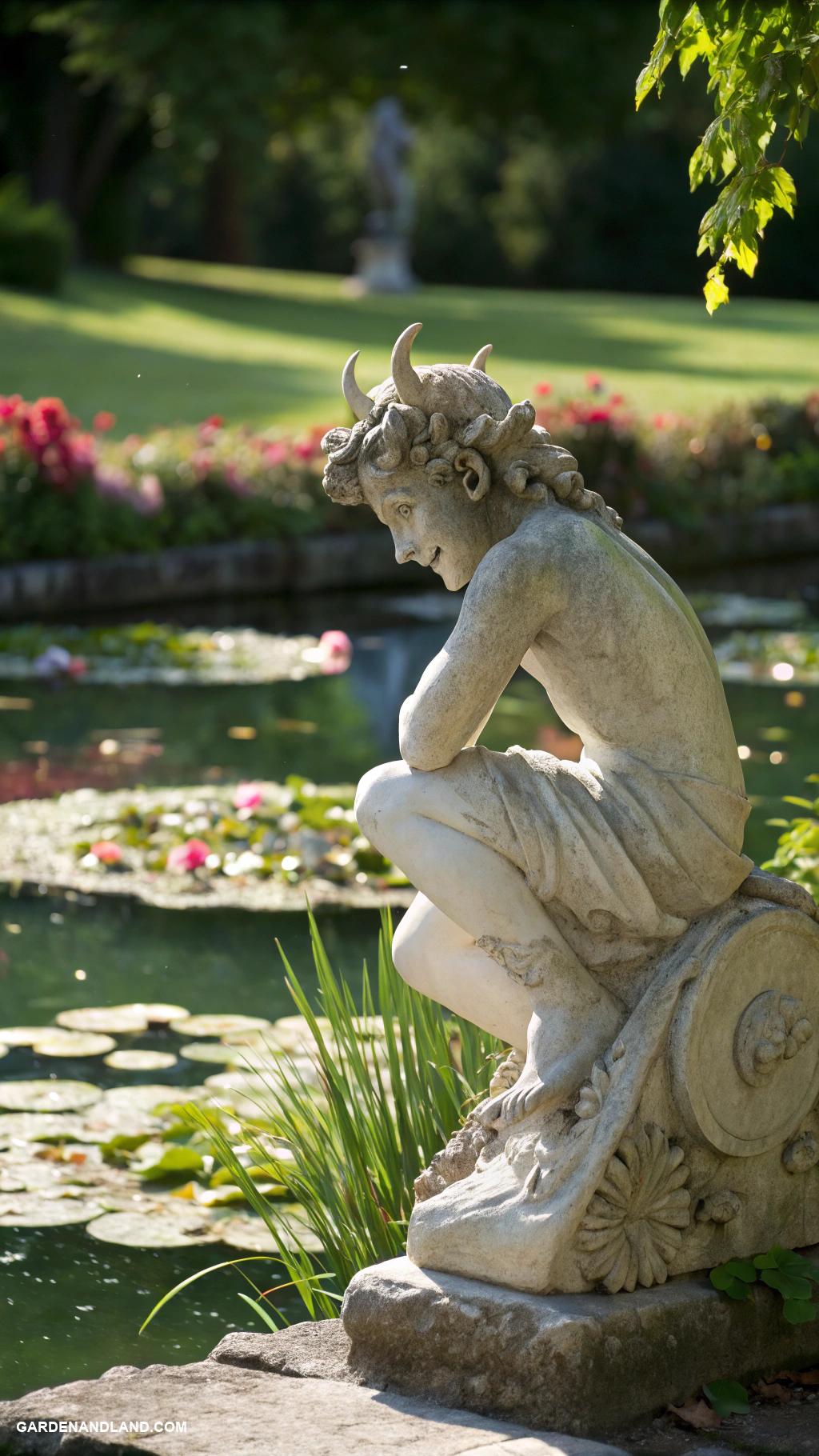 roman sculptures for garden Playful faun overlooking a pond