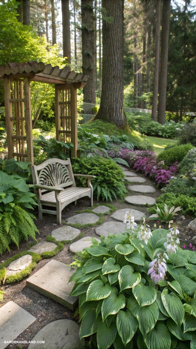 shade garden ideas Integrate natural materials like wood