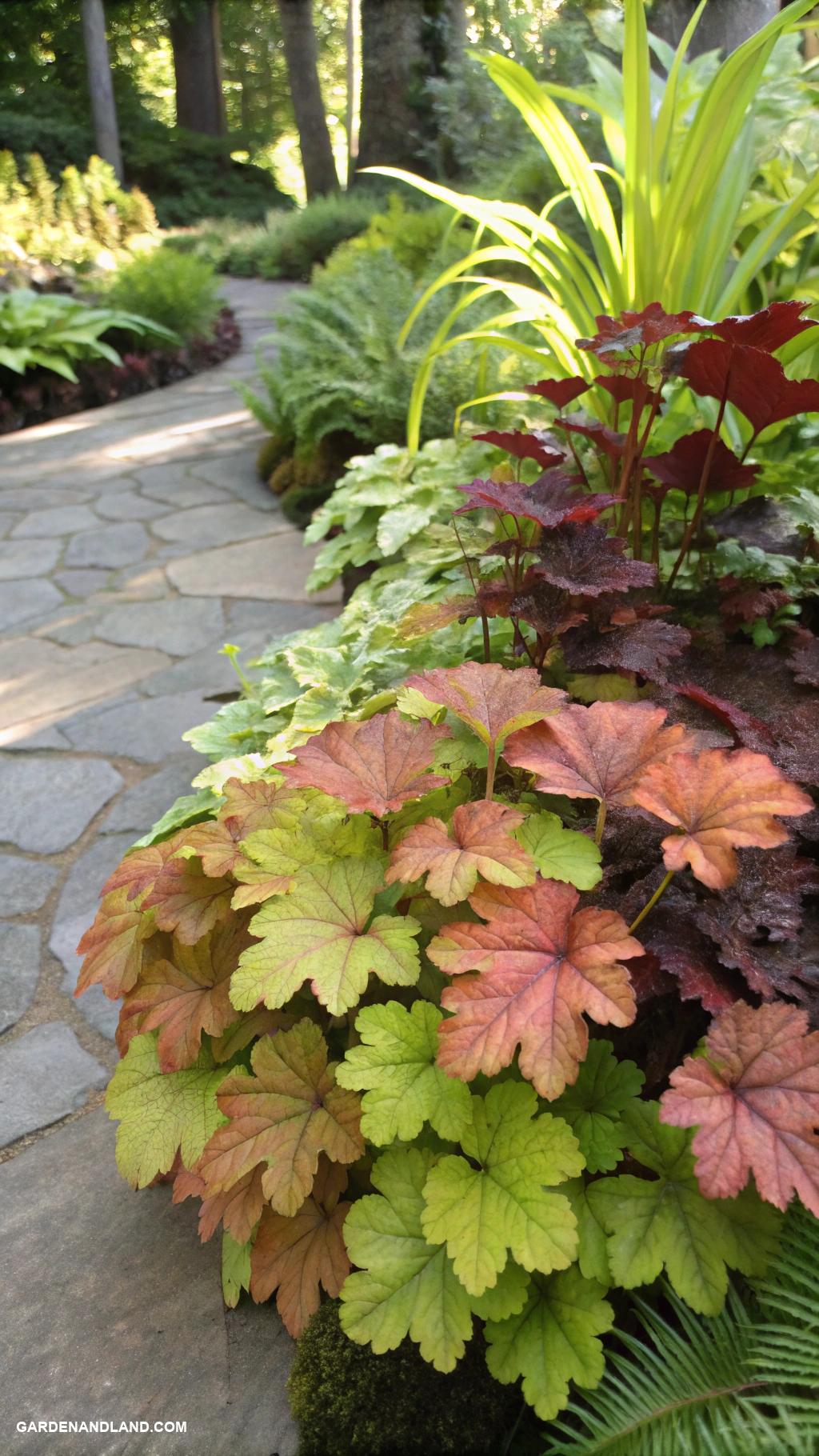 shade loving plants Heuchera for colorful leaves and compact growth