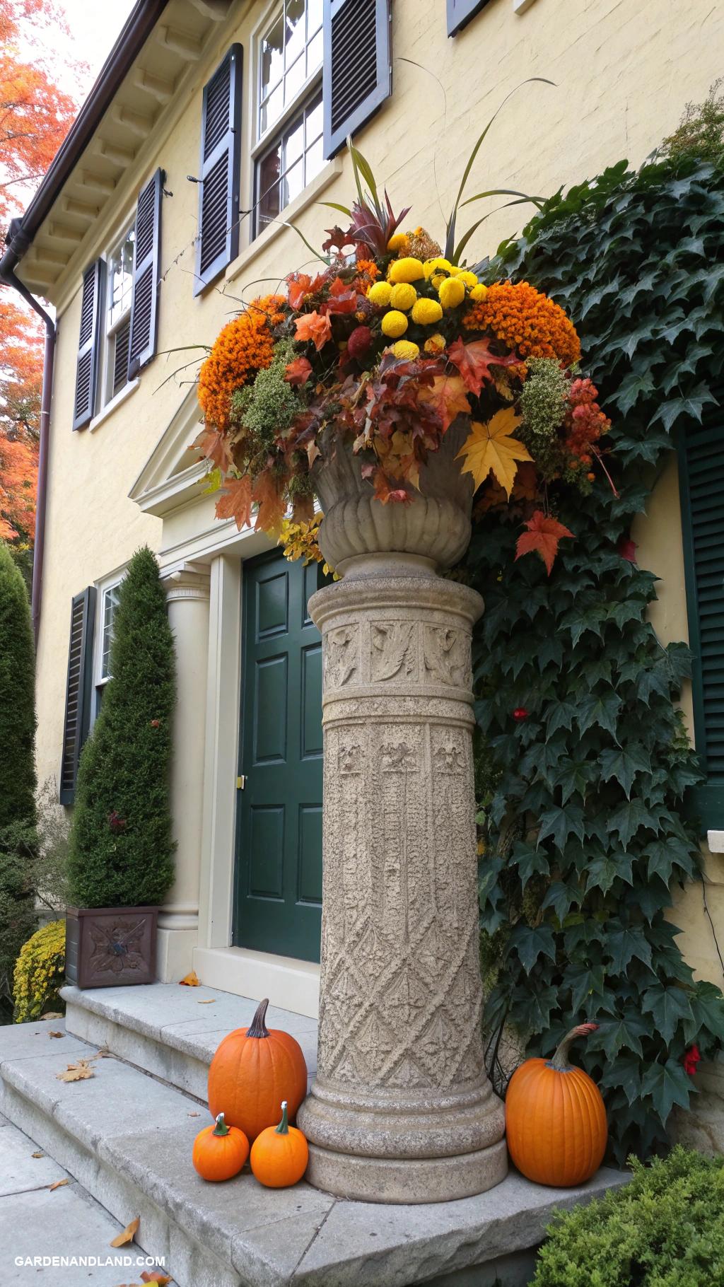 tall front door planters Decorative pillars topped with seasonal arrangements