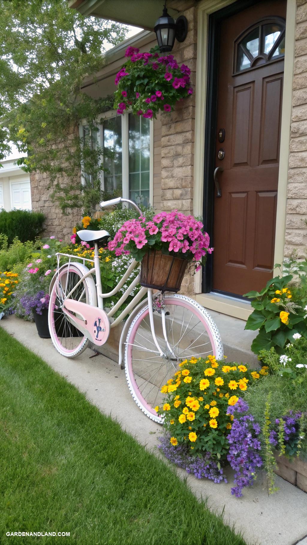 tall front door planters Repurposed bicycle planter with colorful blooms