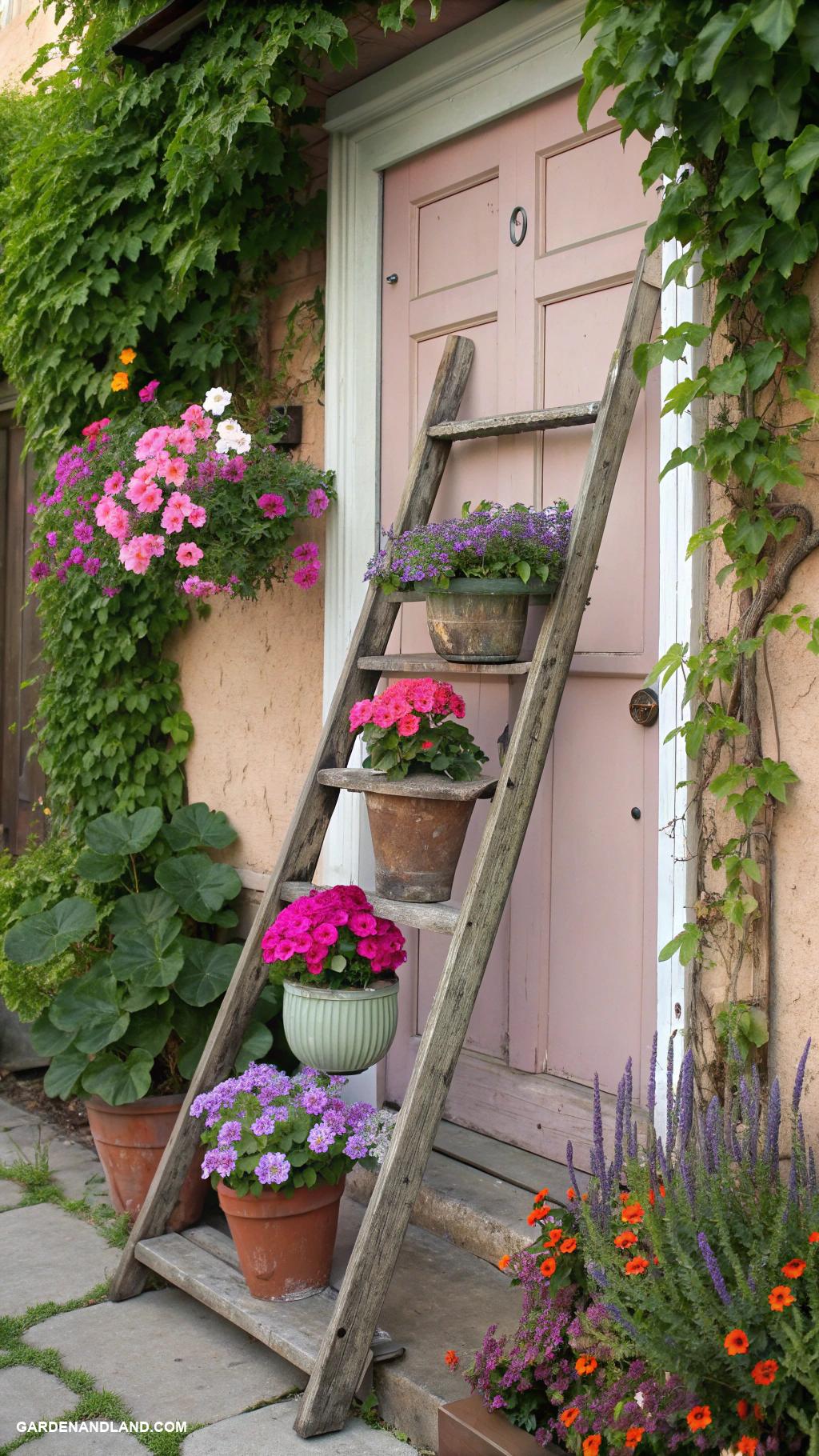 tall front door planters Rustic wooden ladder with potted flowers