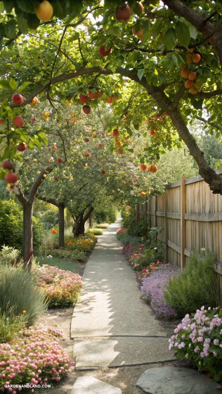 tree landscaping ideas Fruit trees bordering a garden path
