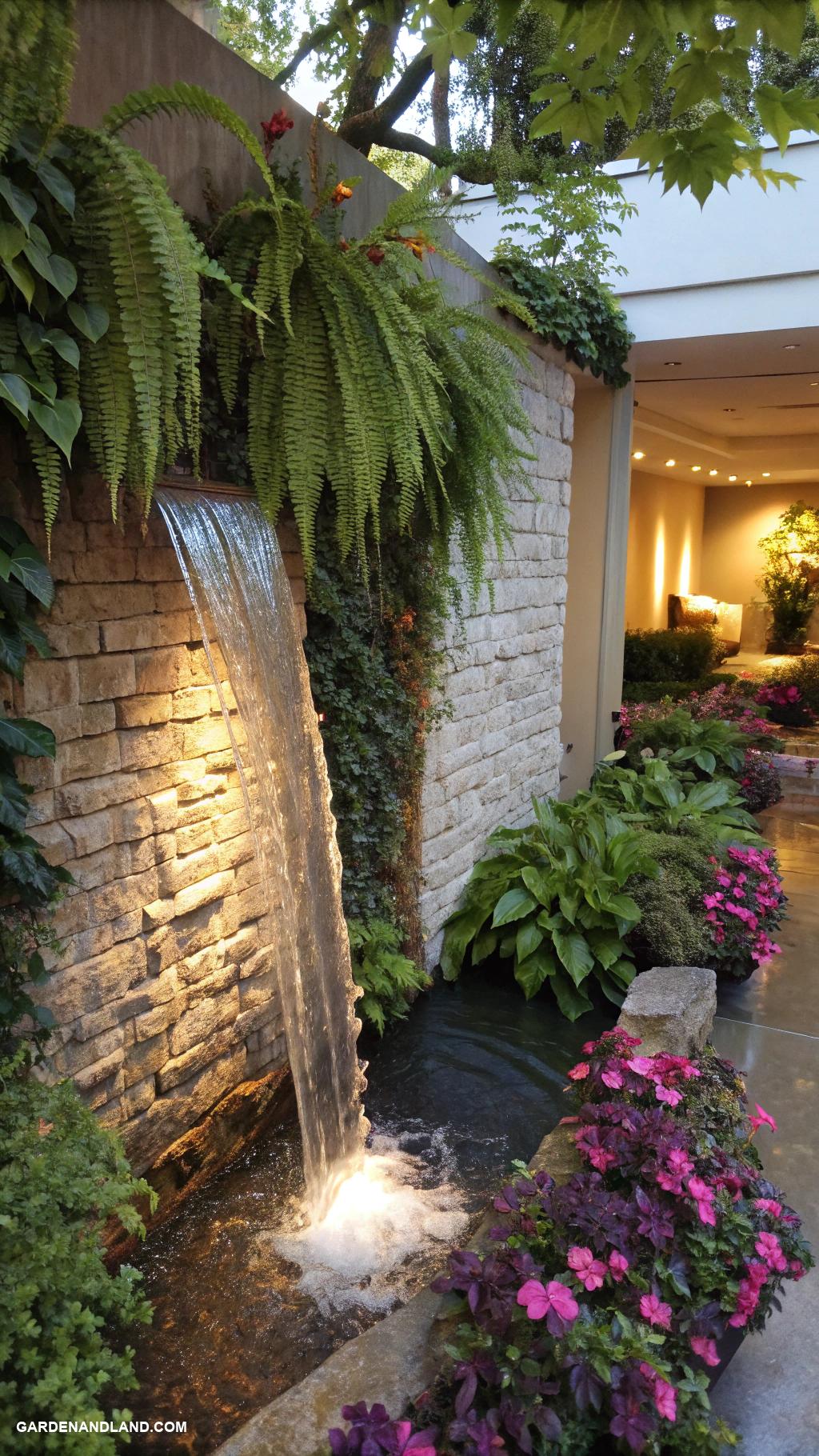 water fountain landscaping ideas Wall mounted waterfall with plants