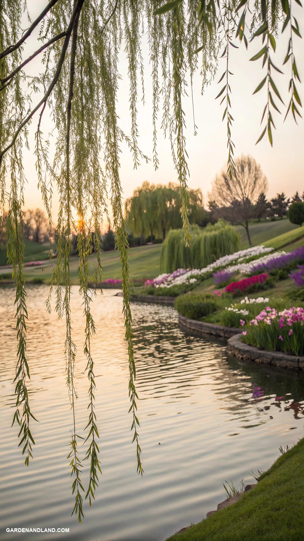 willow tree landscaping Floating willow branches in serene pond