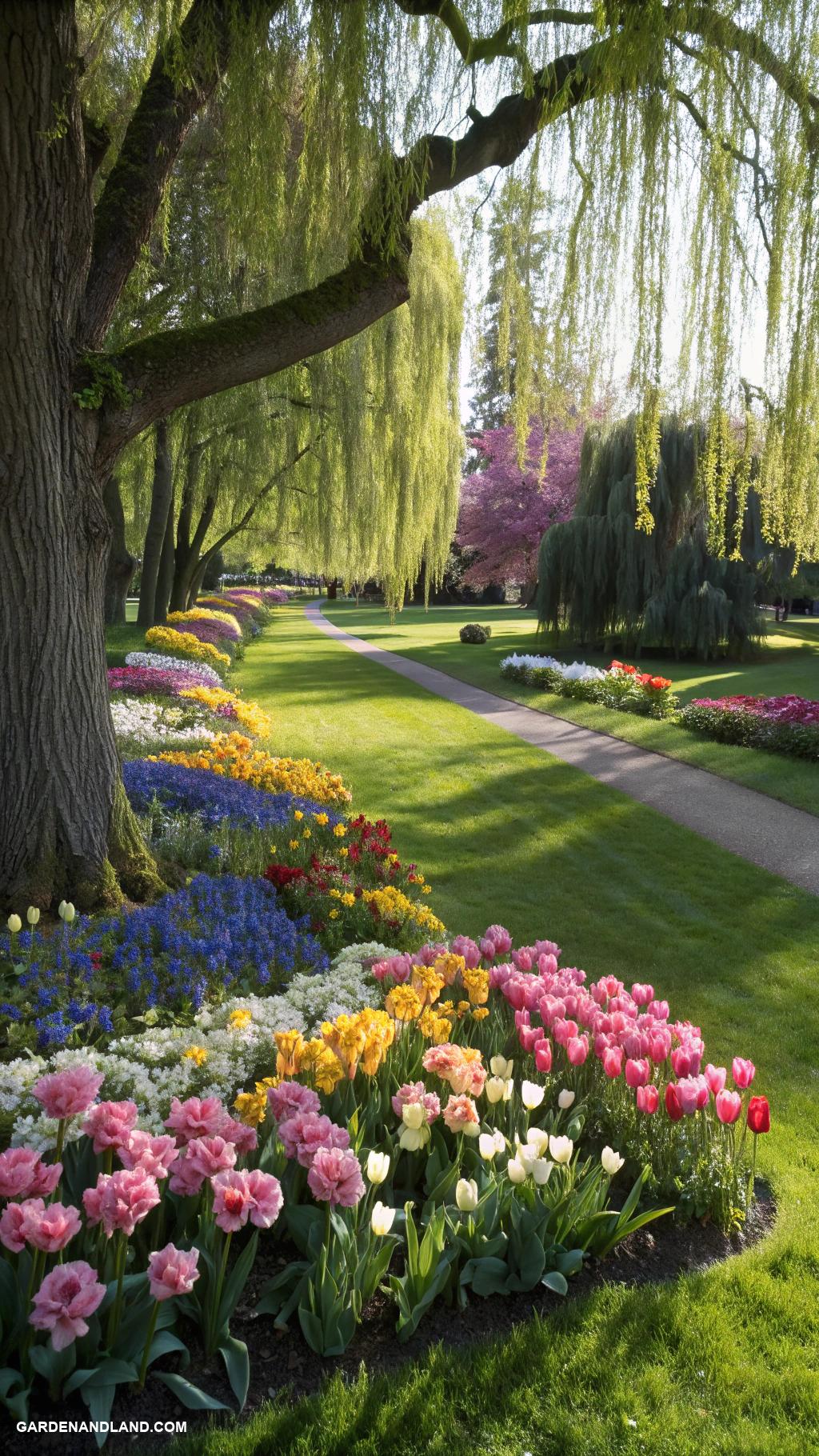 willow tree landscaping Multicolor flowering under willow tree canopy