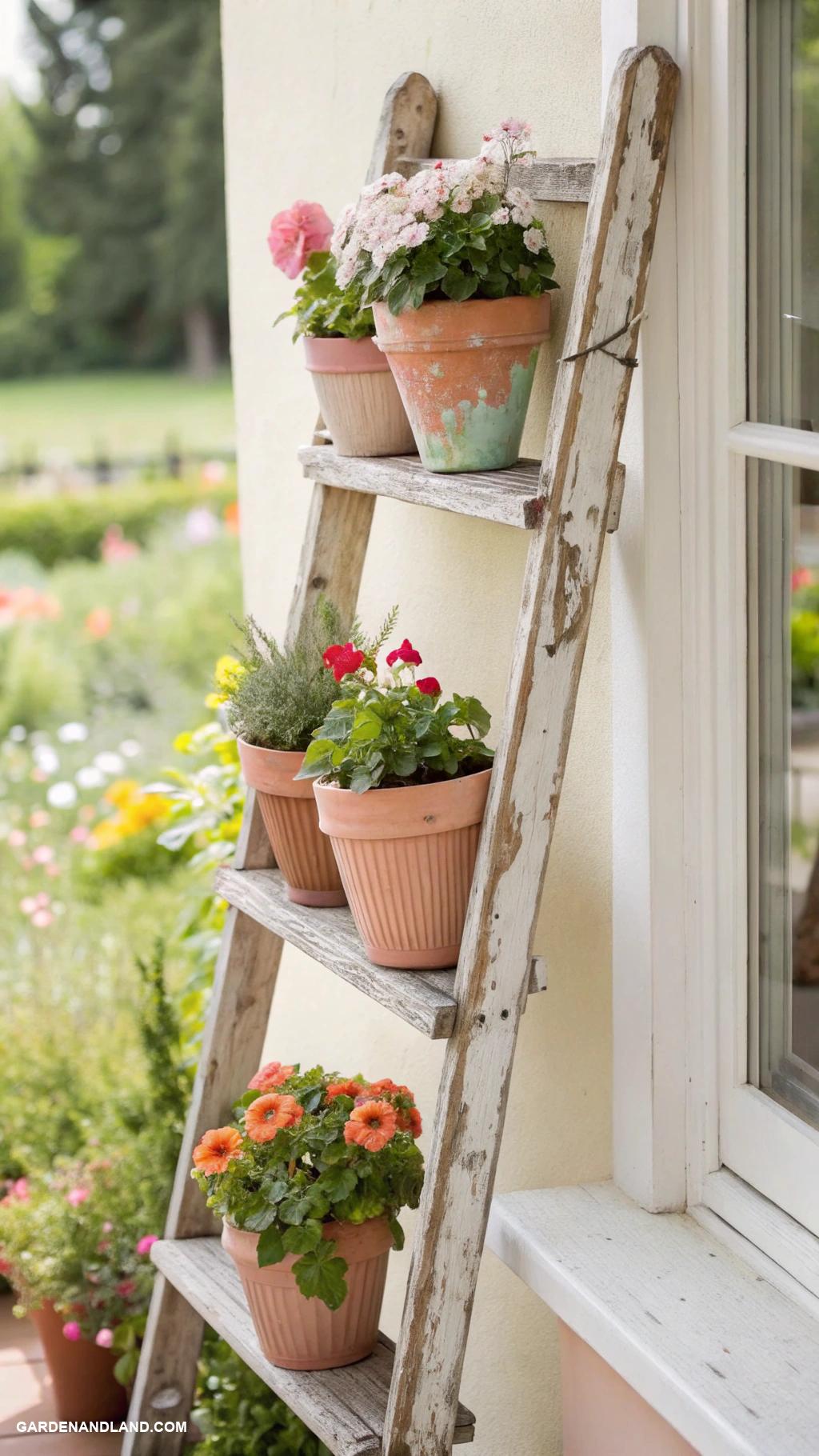 window planter boxes Clay pots arranged on decorative ladder