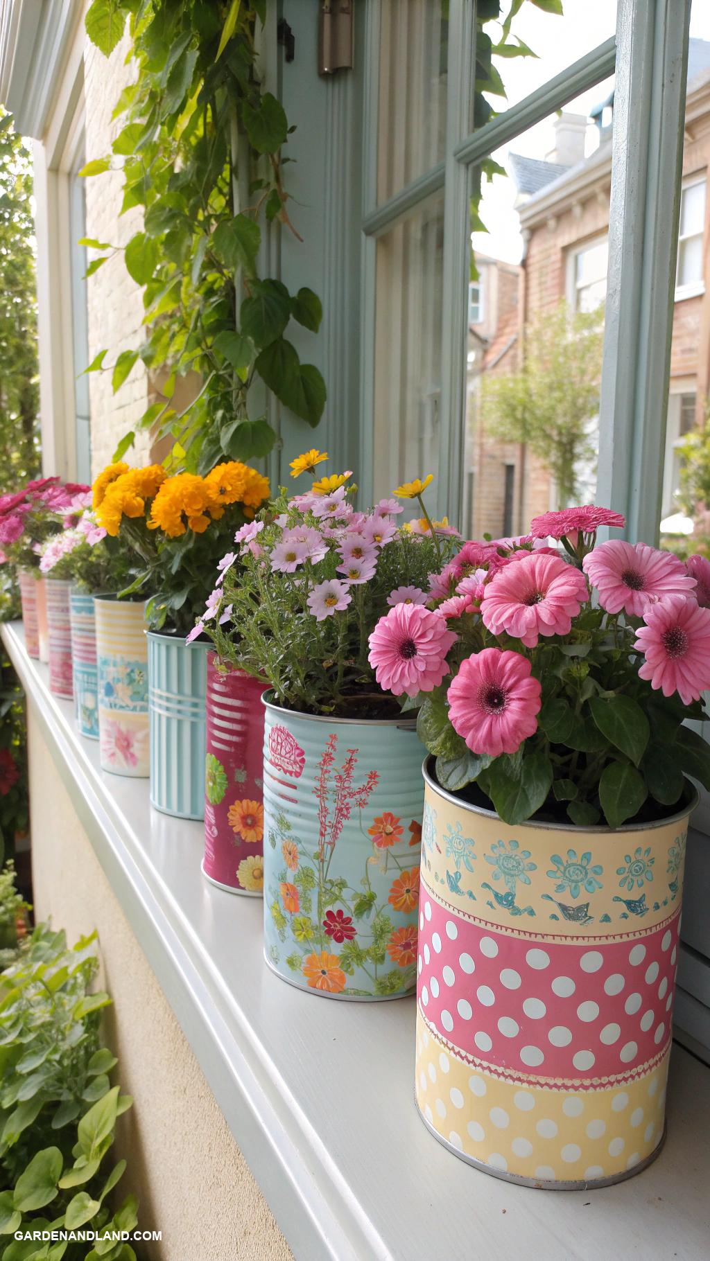 window planter boxes Colorful painted tin cans for flowers