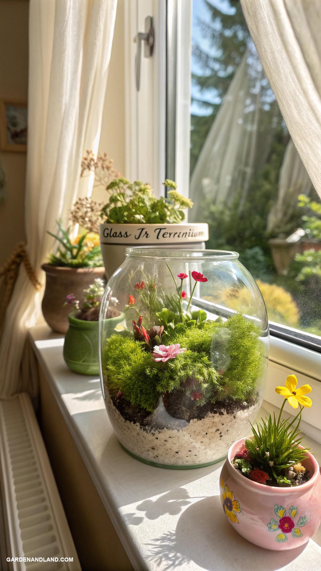 window planter boxes Glass jar terrariums on window sills