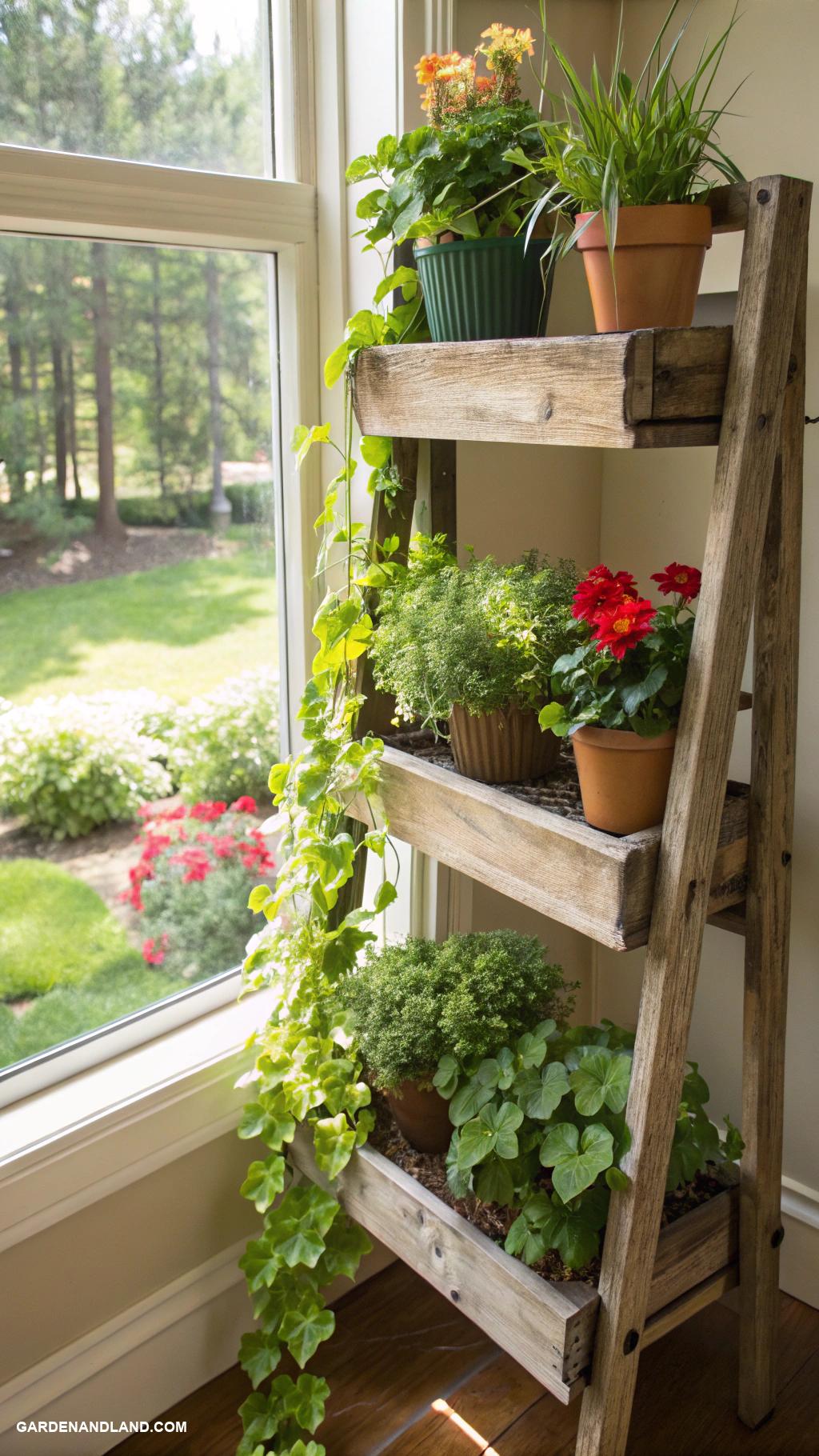 window planter boxes Multi tiered shelf with potted plants