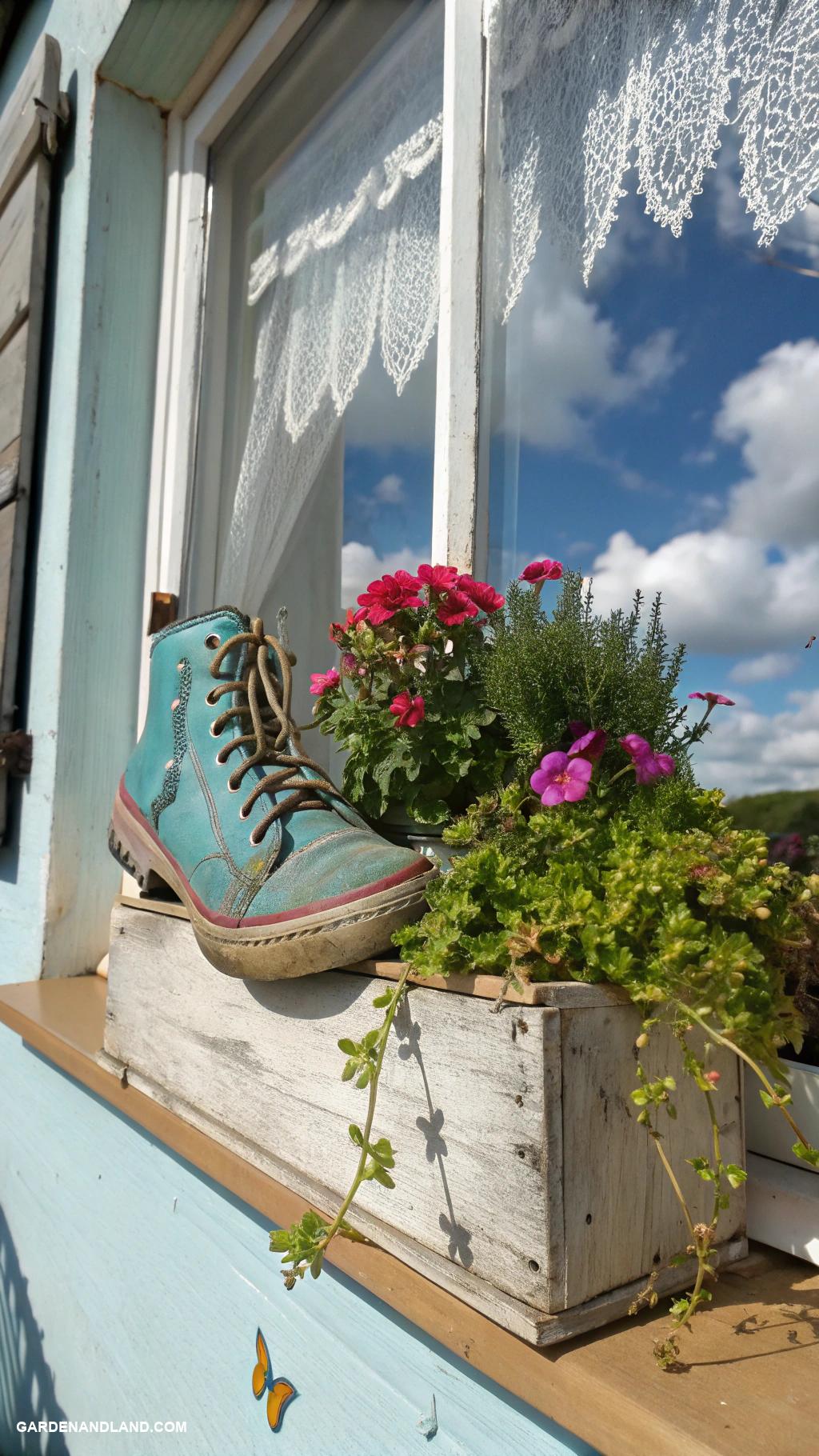 window planter boxes Old shoe planter for whimsical touch