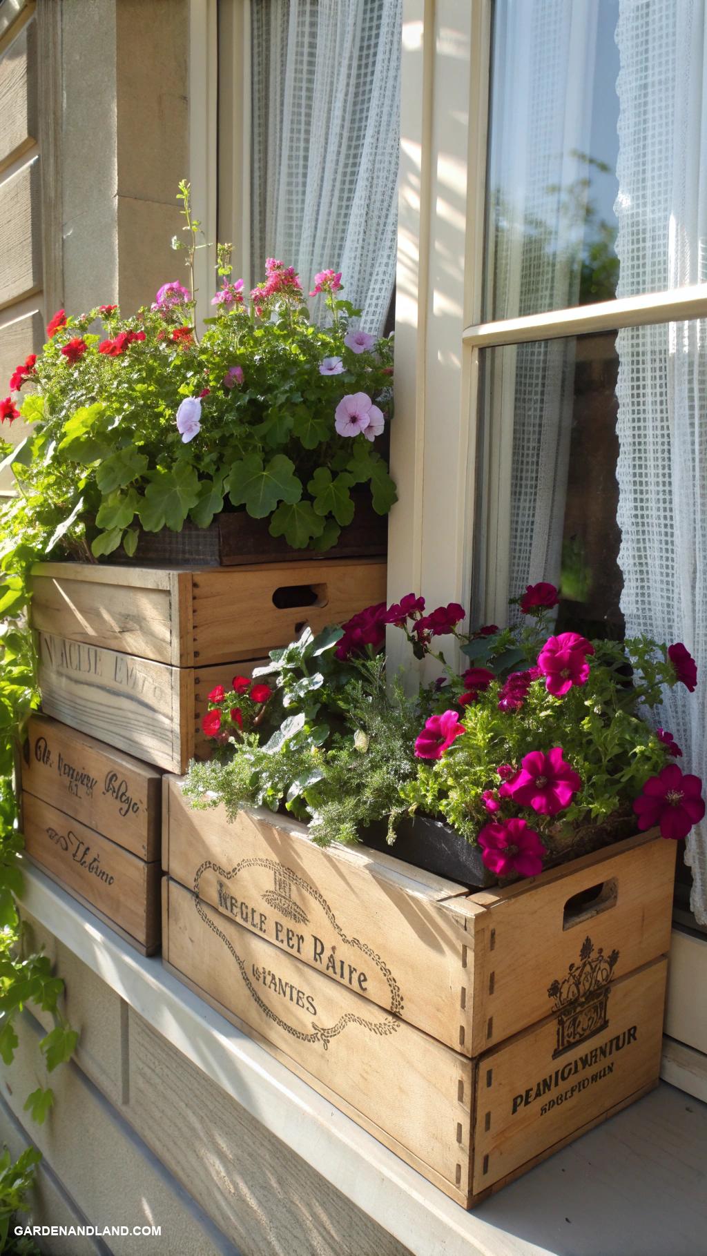 window planter boxes Repurposed wine boxes for seasonal blooms