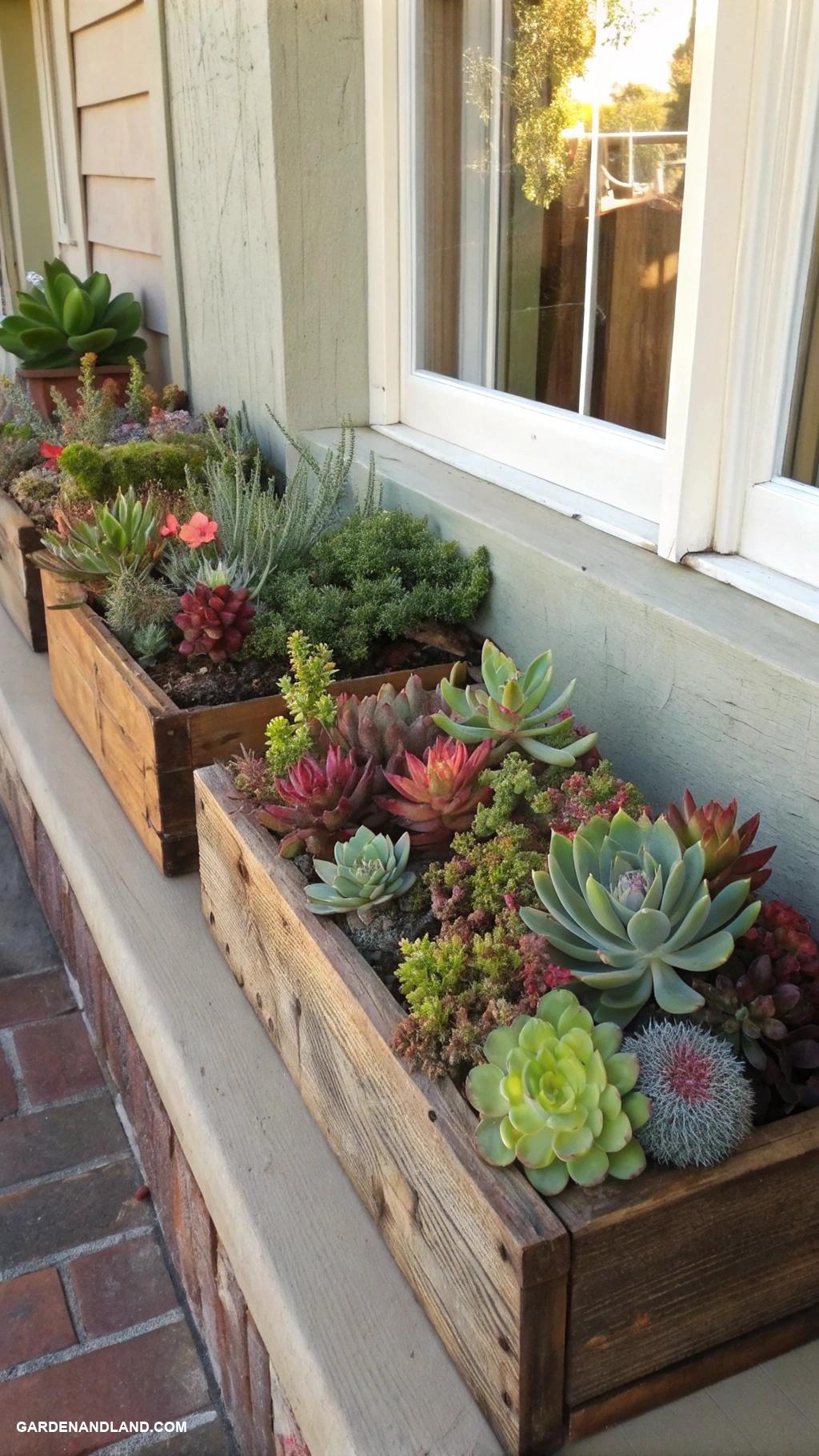 window planter boxes Succulent arrangement in wooden crates