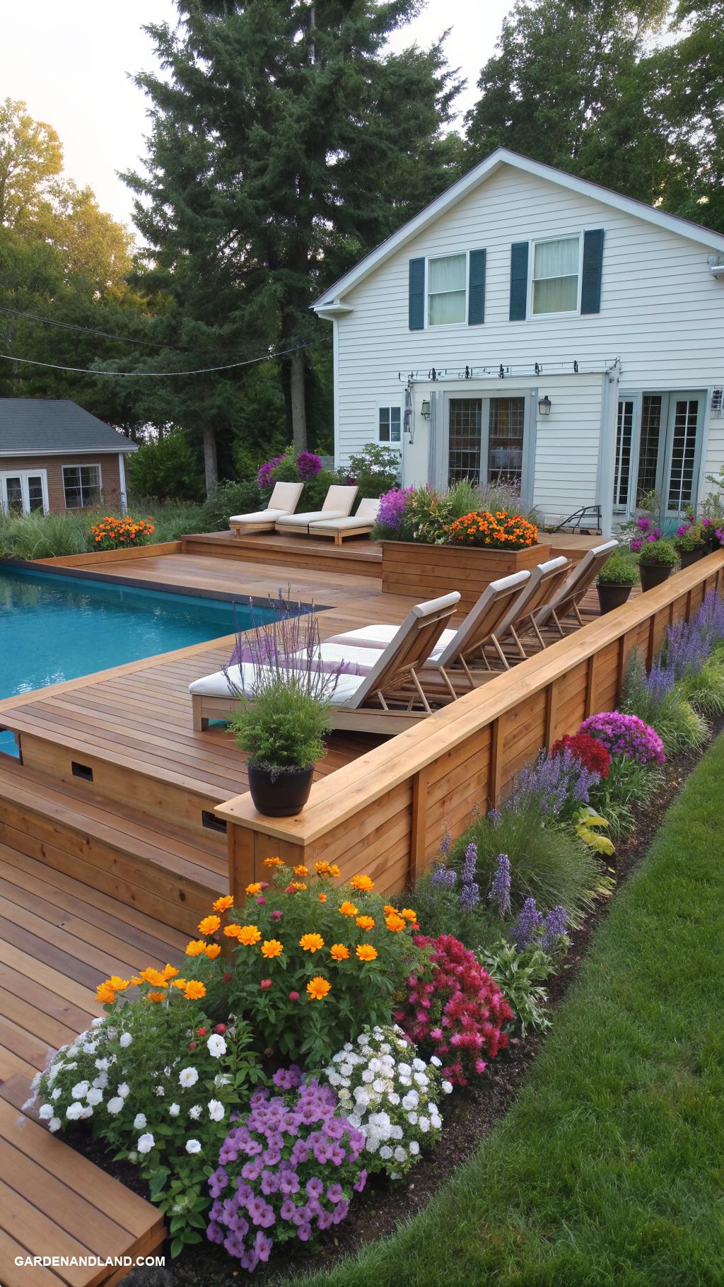 above ground pool with deck off house Deck with built in lounge chairs